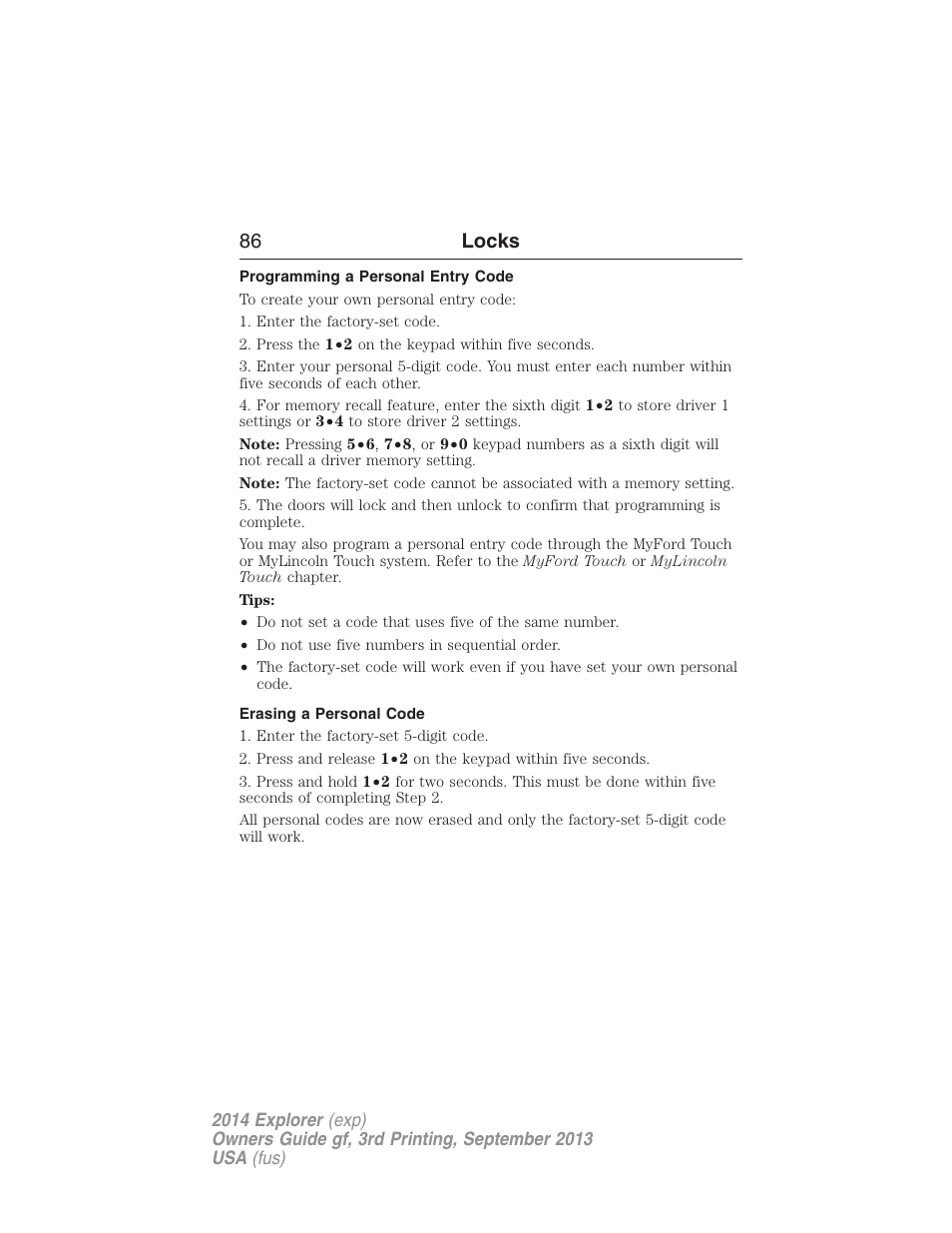 Programming a personal entry code, Erasing a personal code, 86 locks | FORD 2014 Explorer v.3 User Manual | Page 87 / 593