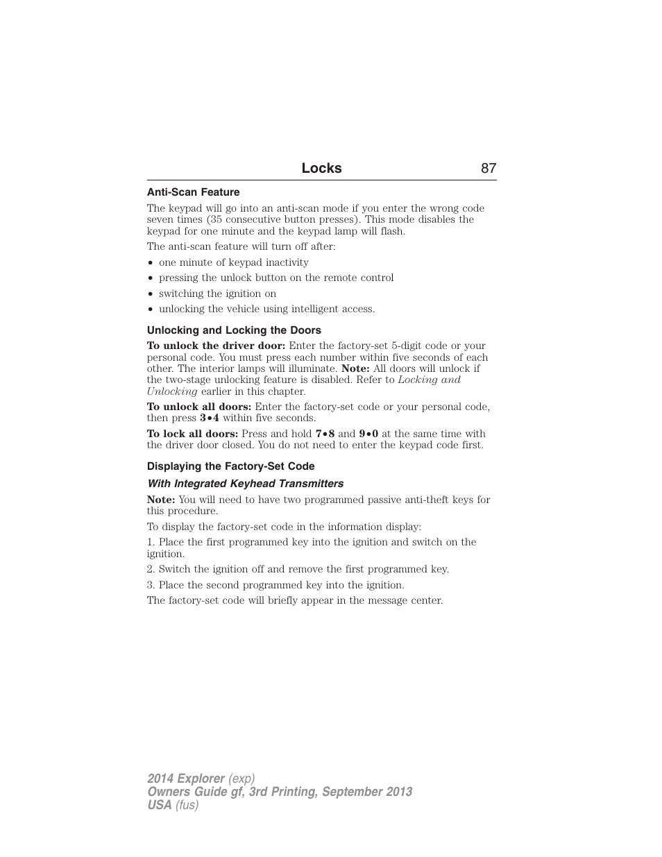 Anti-scan feature, Unlocking and locking the doors, Displaying the factory-set code | With integrated keyhead transmitters, Locks 87 | FORD 2014 Explorer v.3 User Manual | Page 88 / 593