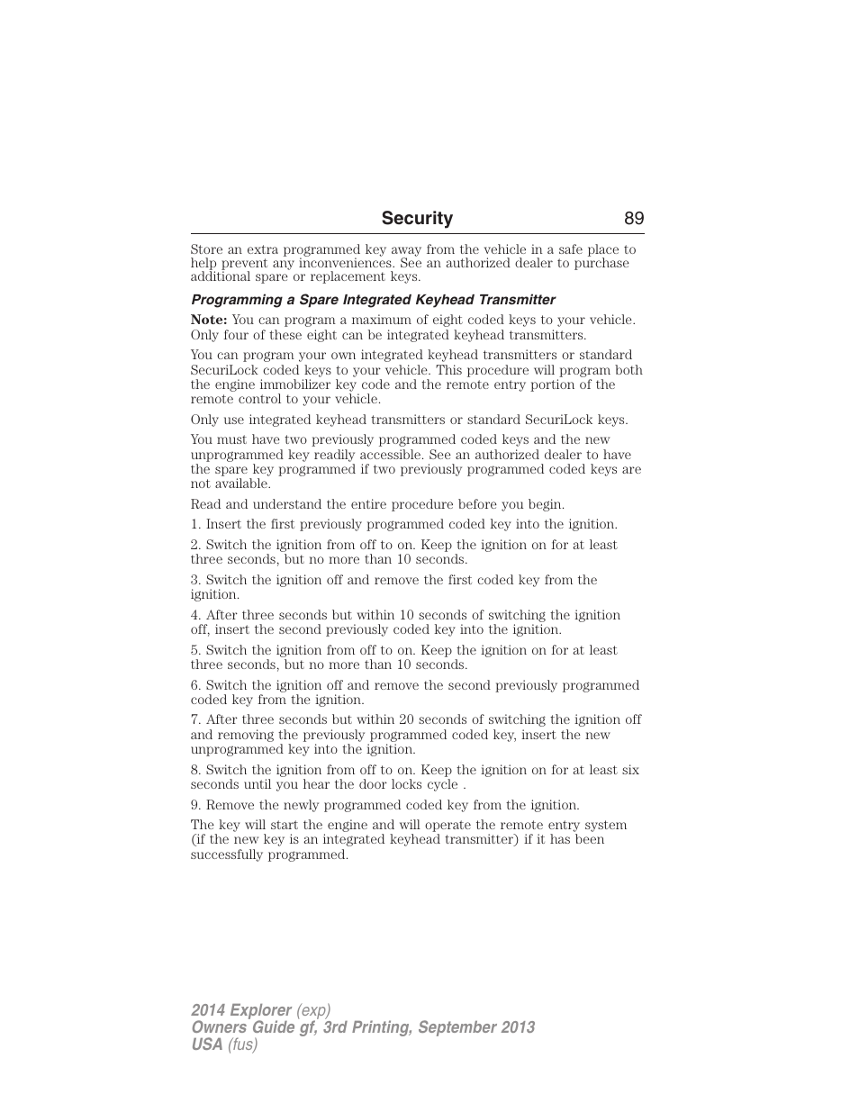 Programming a spare integrated keyhead transmitter, Security 89 | FORD 2014 Explorer v.3 User Manual | Page 90 / 593