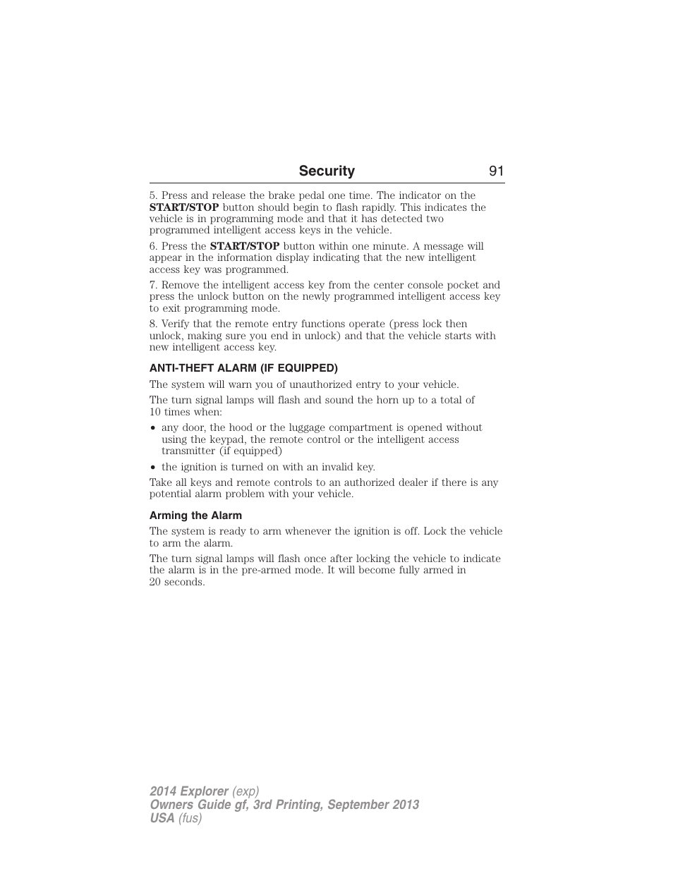 Anti-theft alarm (if equipped), Arming the alarm, Anti-theft alarm | Security 91 | FORD 2014 Explorer v.3 User Manual | Page 92 / 593