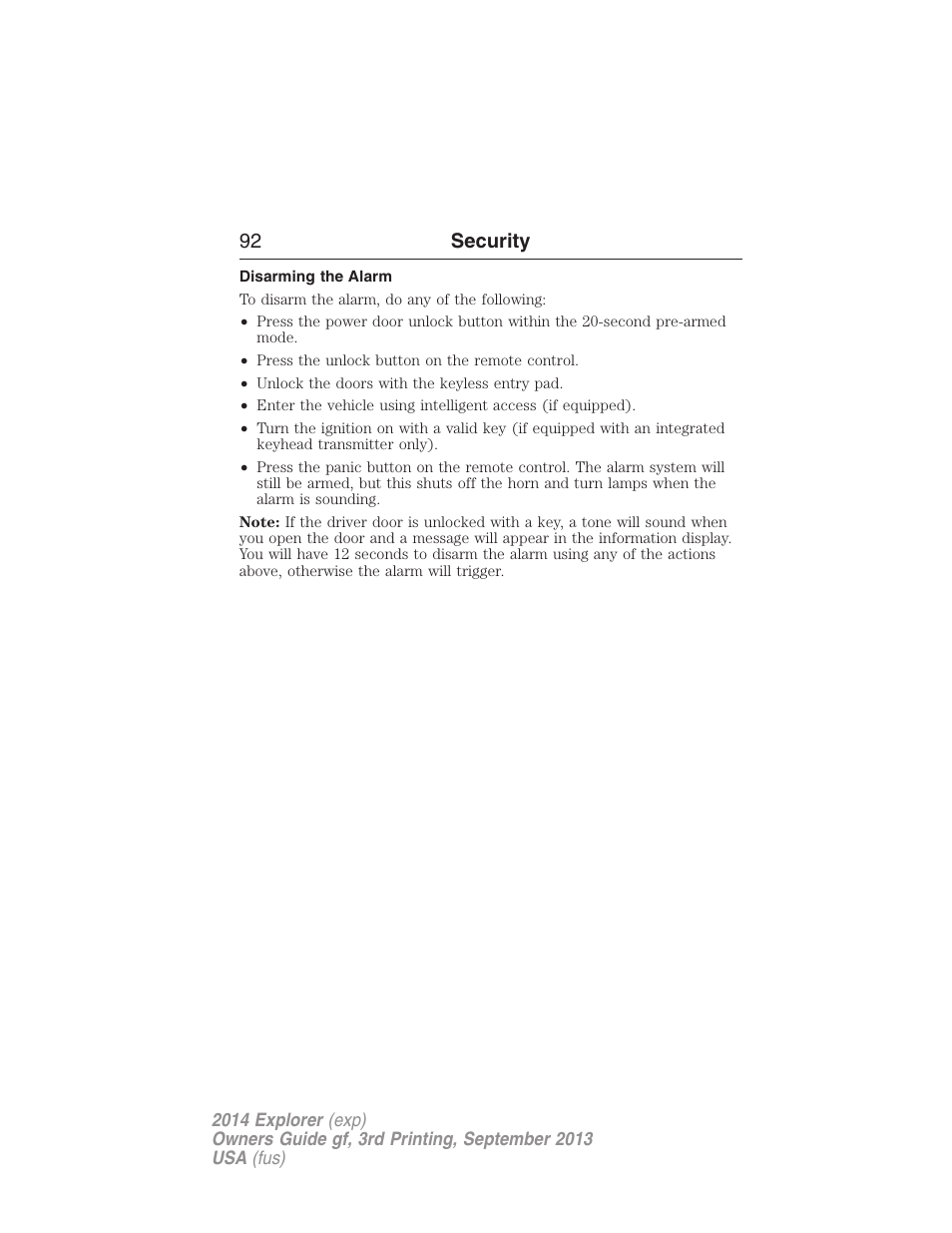 Disarming the alarm, 92 security | FORD 2014 Explorer v.3 User Manual | Page 93 / 593