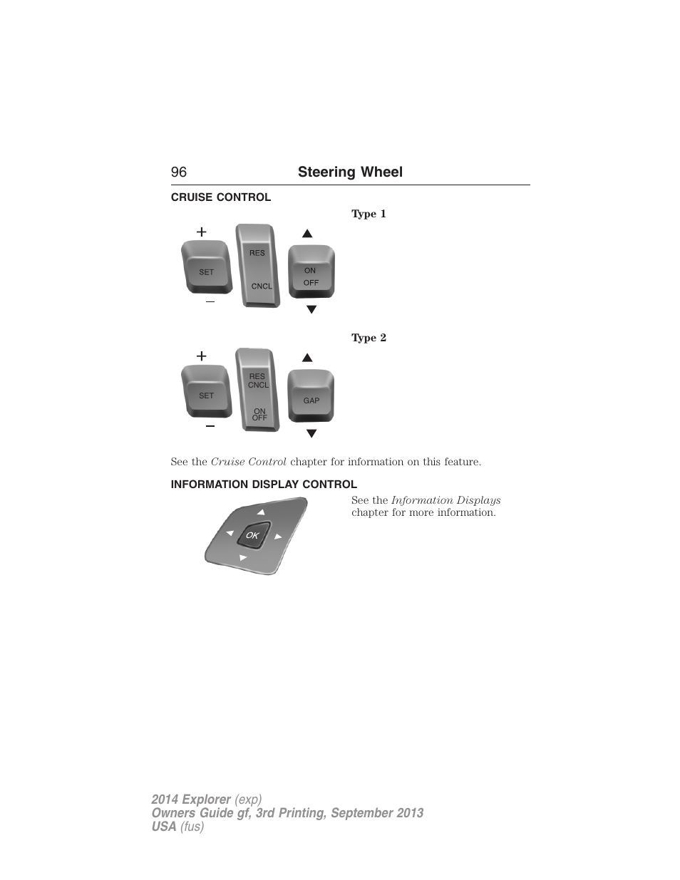 Cruise control, Information display control, 96 steering wheel | FORD 2014 Explorer v.3 User Manual | Page 97 / 593