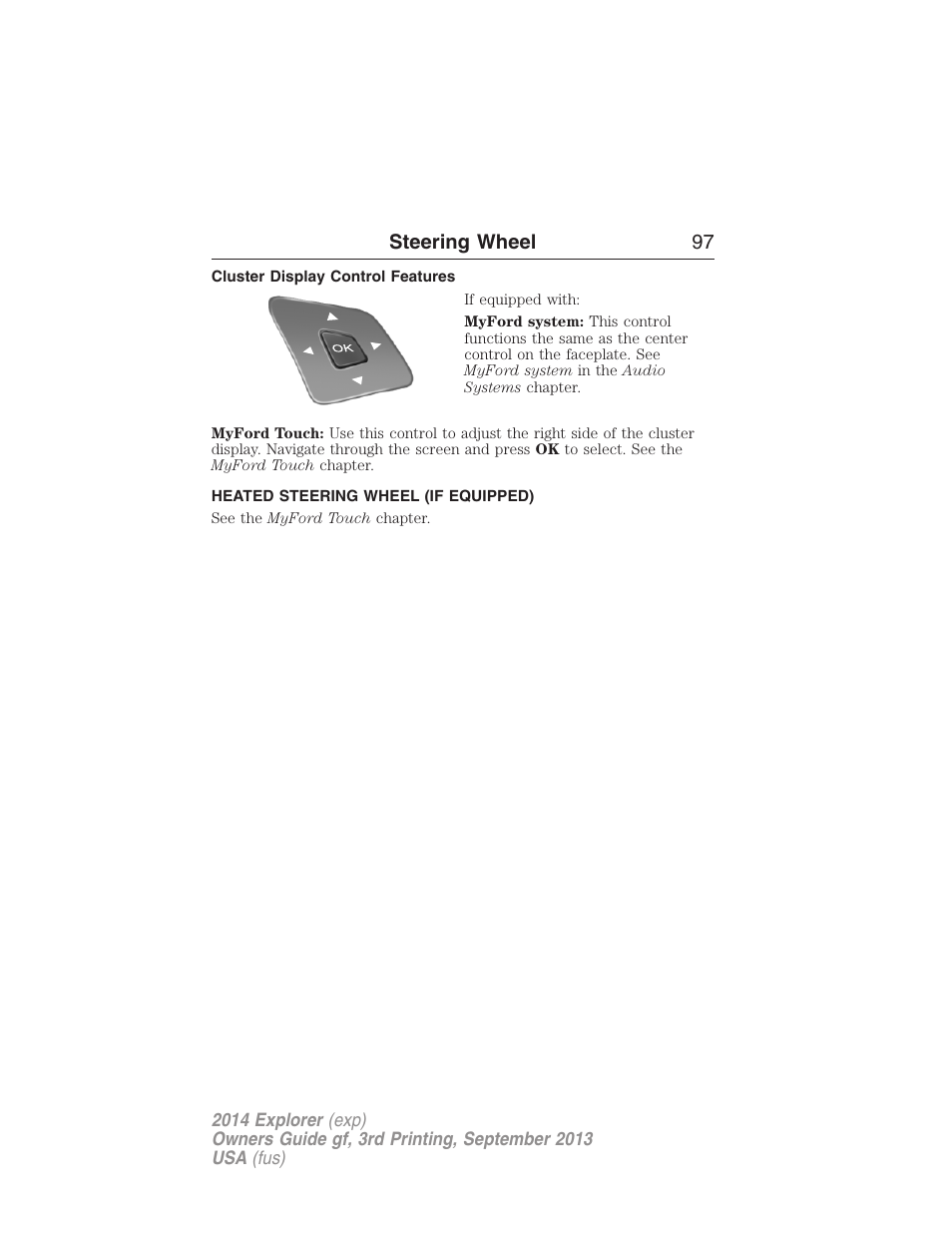 Cluster display control features, Heated steering wheel (if equipped), Steering wheel 97 | FORD 2014 Explorer v.3 User Manual | Page 98 / 593