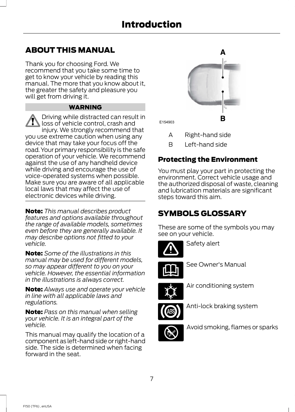 Introduction, About this manual, Symbols glossary | About this manual symbols glossary | FORD 2014 F-150 Raptor v.2 User Manual | Page 10 / 470