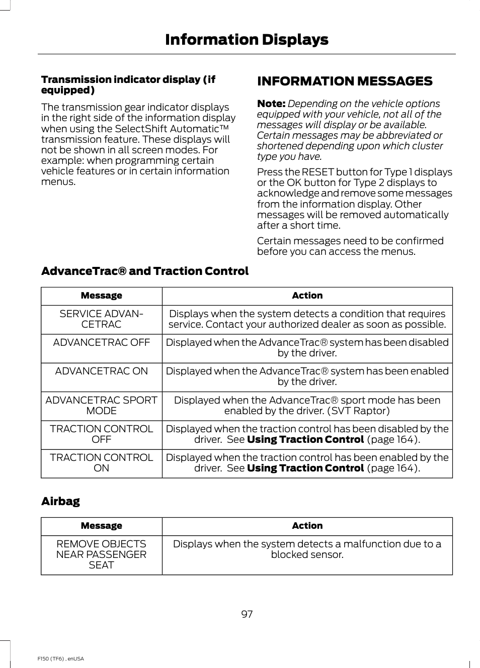 Information messages, Information displays | FORD 2014 F-150 Raptor v.2 User Manual | Page 100 / 470