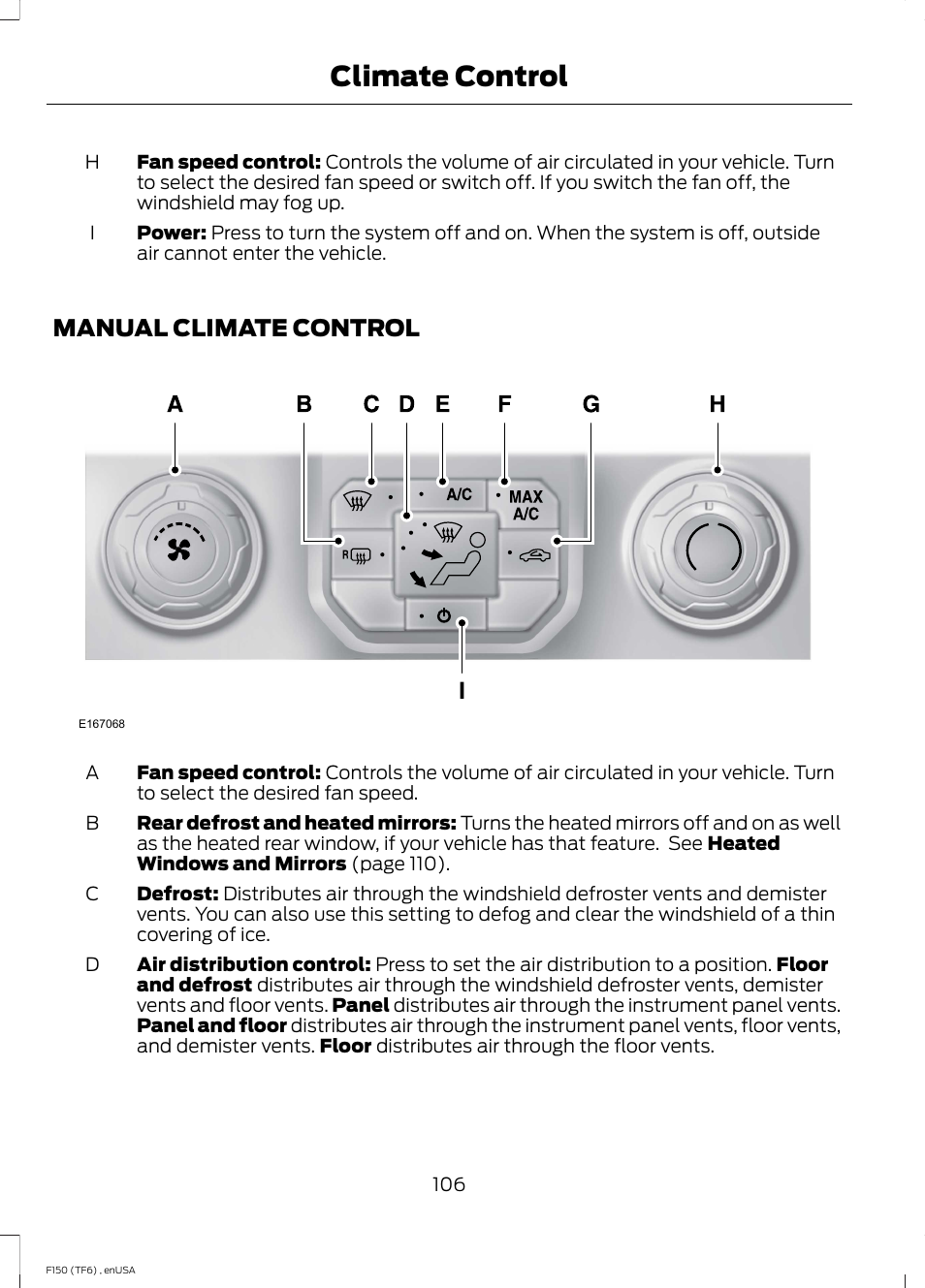 Manual climate control, Climate control | FORD 2014 F-150 Raptor v.2 User Manual | Page 109 / 470