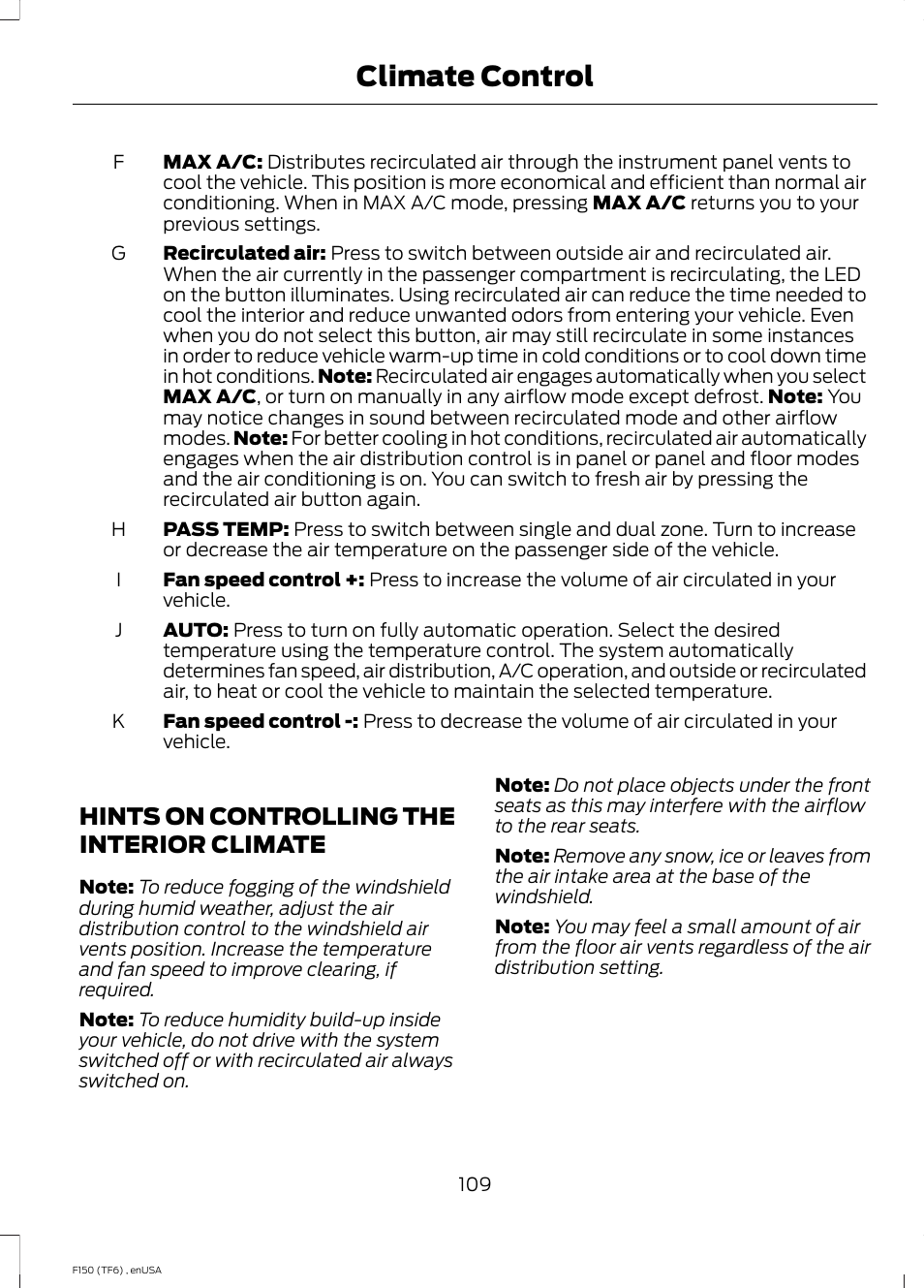 Hints on controlling the interior climate, Hints on controlling the interior, Climate | Climate control | FORD 2014 F-150 Raptor v.2 User Manual | Page 112 / 470