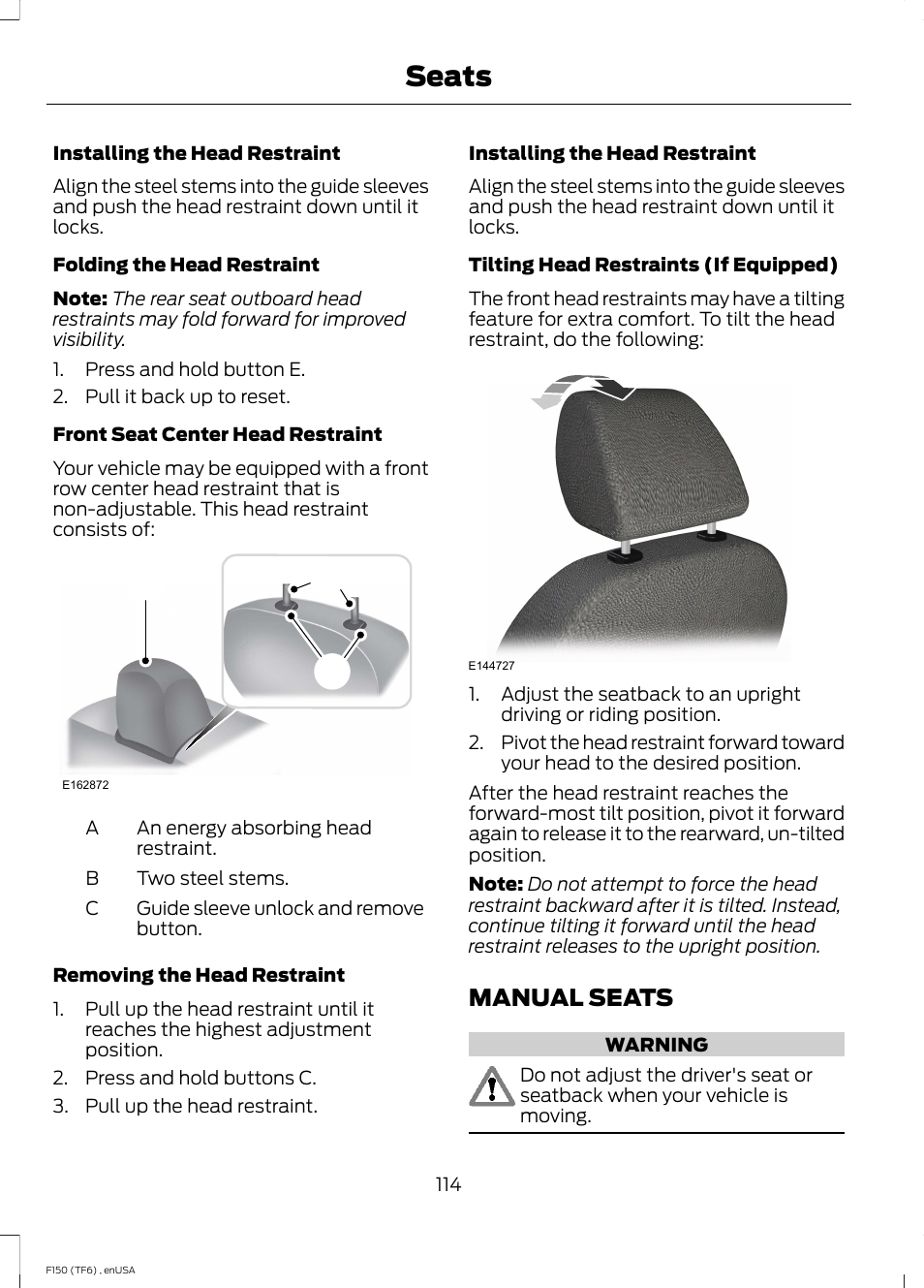 Manual seats, Seats, Ac b | FORD 2014 F-150 Raptor v.2 User Manual | Page 117 / 470