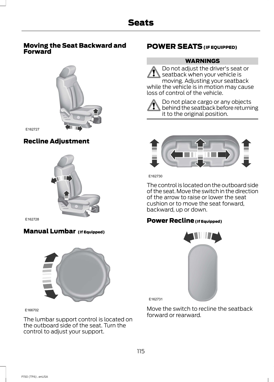 Power seats, Seats, Moving the seat backward and forward | Recline adjustment, Manual lumbar, Power recline | FORD 2014 F-150 Raptor v.2 User Manual | Page 118 / 470