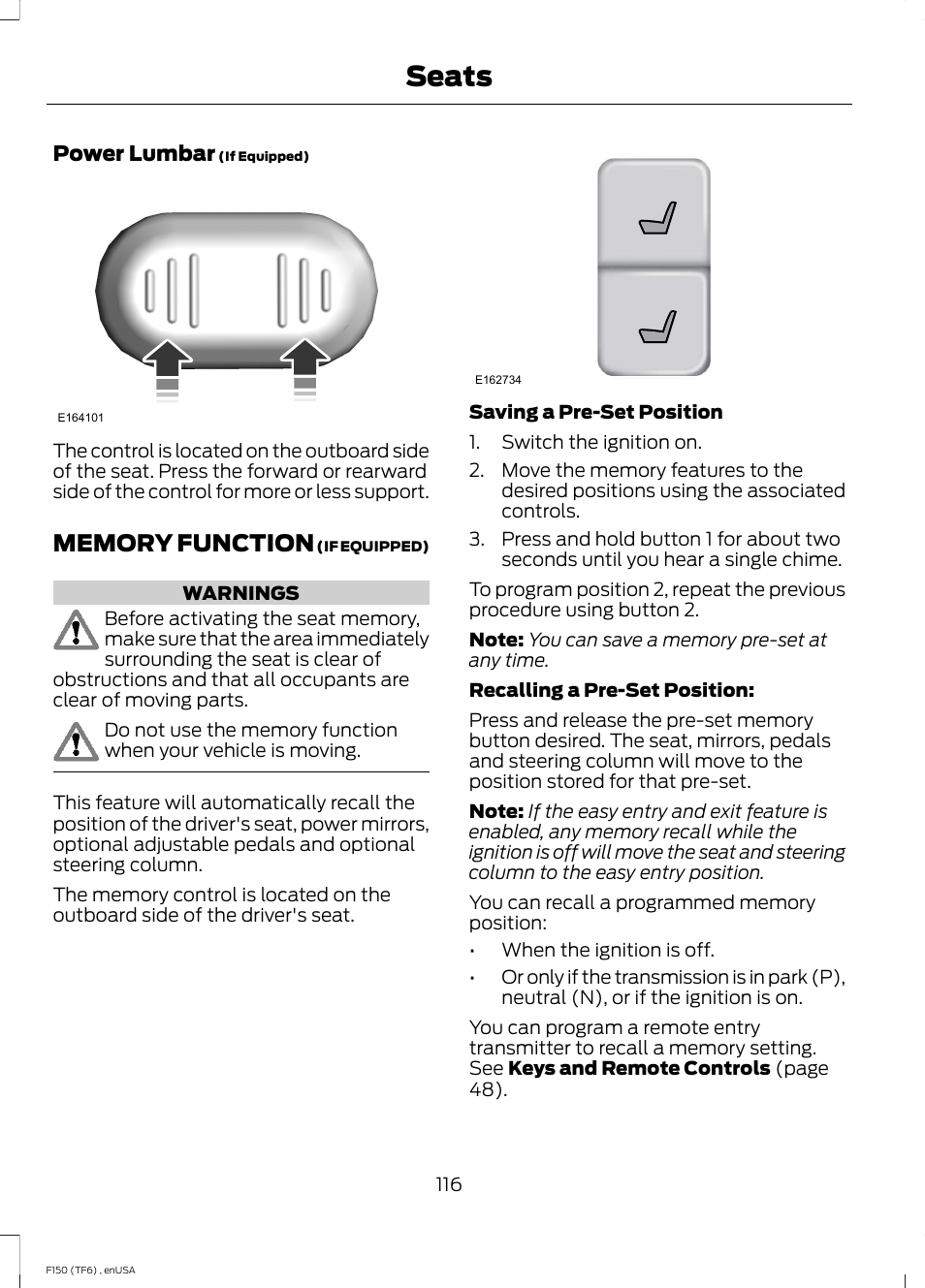 Memory function, Seats | FORD 2014 F-150 Raptor v.2 User Manual | Page 119 / 470