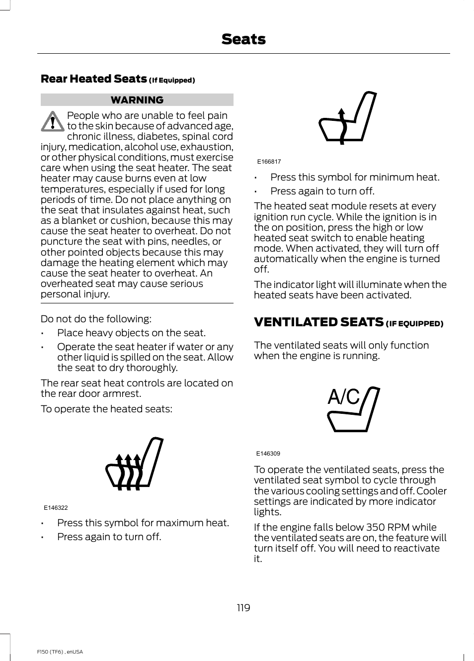 Ventilated seats, Seats | FORD 2014 F-150 Raptor v.2 User Manual | Page 122 / 470