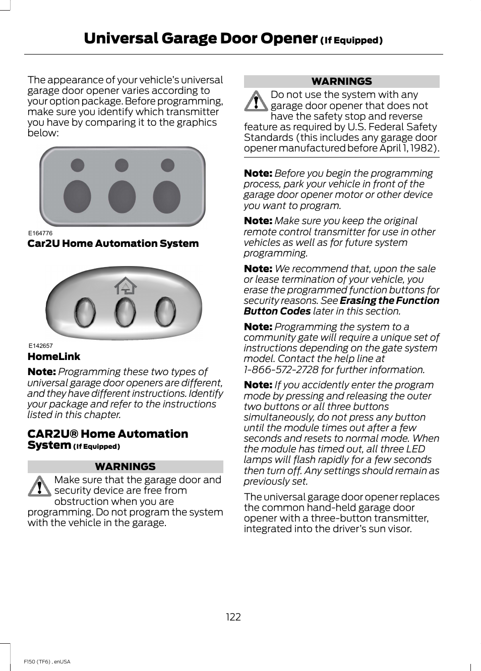 Universal garage door opener, Universal garage door, Opener | FORD 2014 F-150 Raptor v.2 User Manual | Page 125 / 470