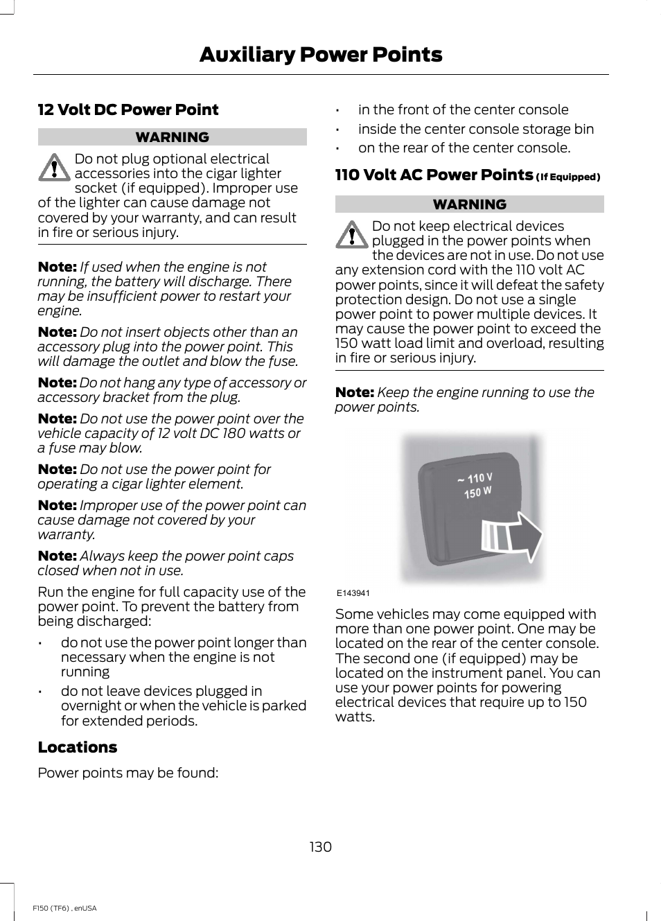 Auxiliary power points | FORD 2014 F-150 Raptor v.2 User Manual | Page 133 / 470