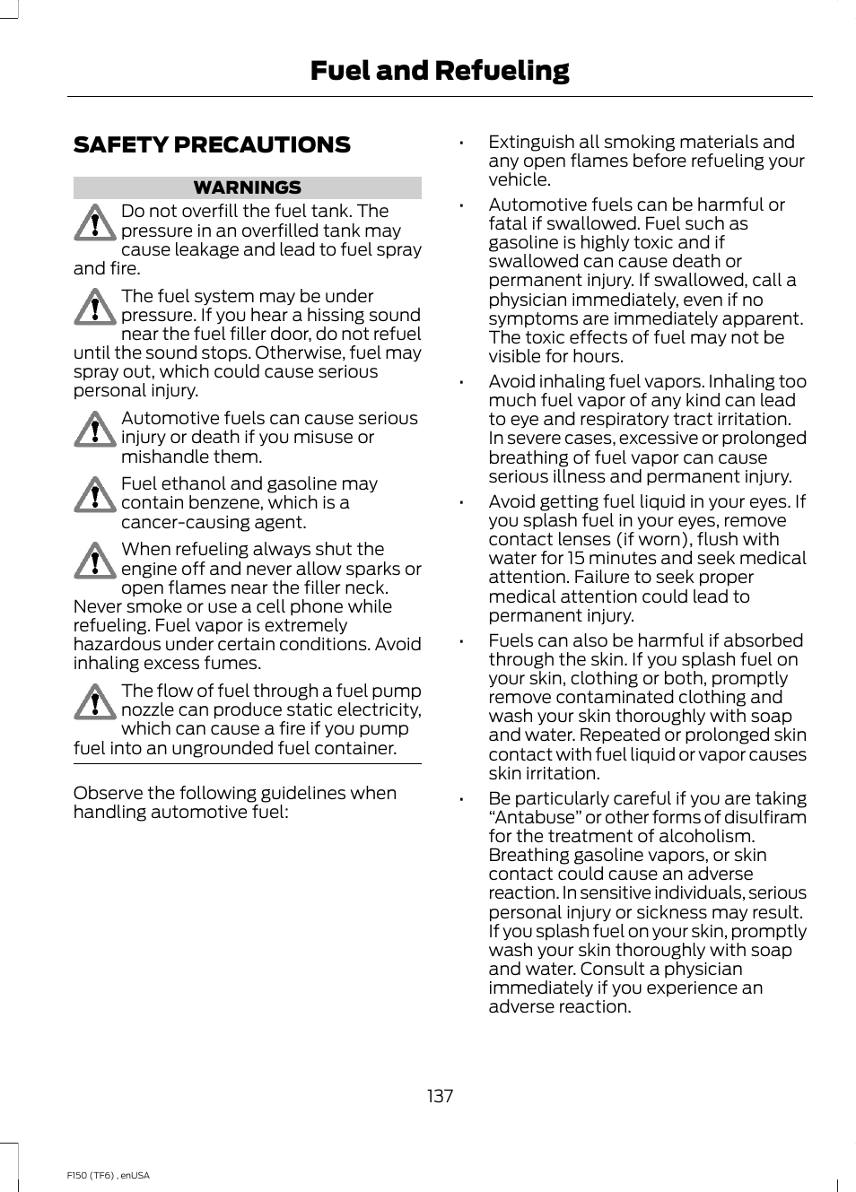 Fuel and refueling, Safety precautions | FORD 2014 F-150 Raptor v.2 User Manual | Page 140 / 470