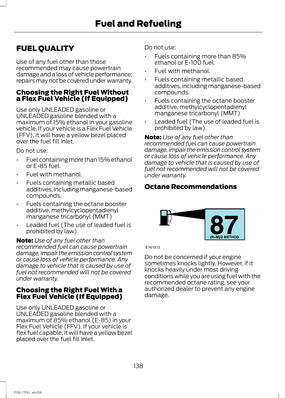 Fuel quality, Fuel and refueling | FORD 2014 F-150 Raptor v.2 User Manual | Page 141 / 470