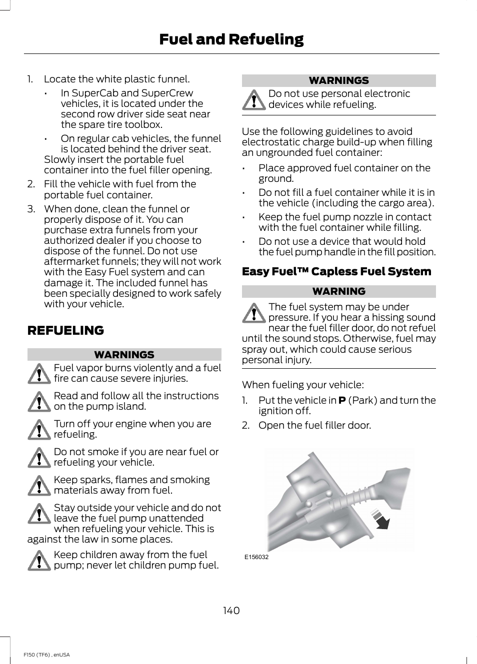 Refueling, Fuel and refueling | FORD 2014 F-150 Raptor v.2 User Manual | Page 143 / 470