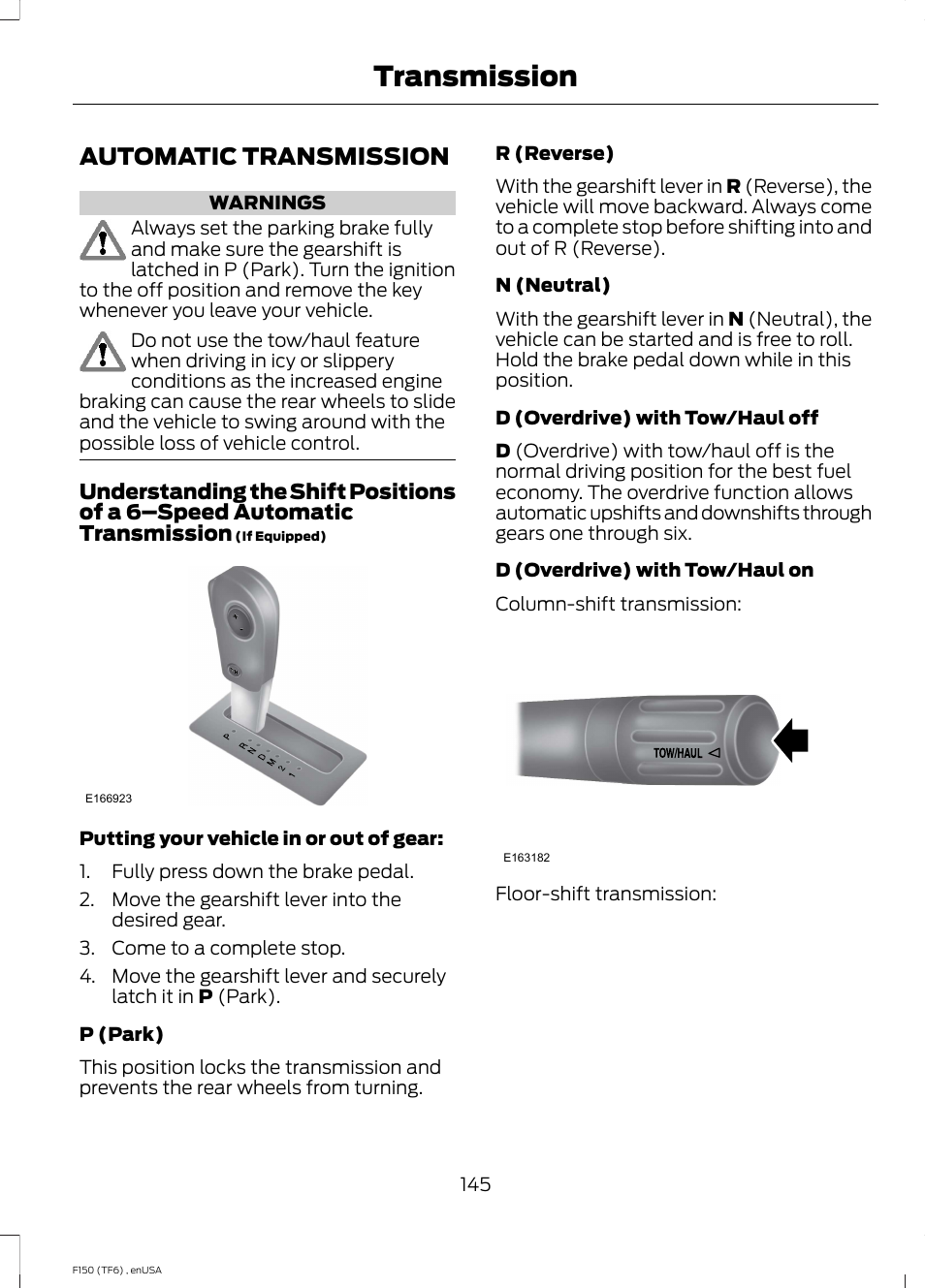 Transmission, Automatic transmission | FORD 2014 F-150 Raptor v.2 User Manual | Page 148 / 470