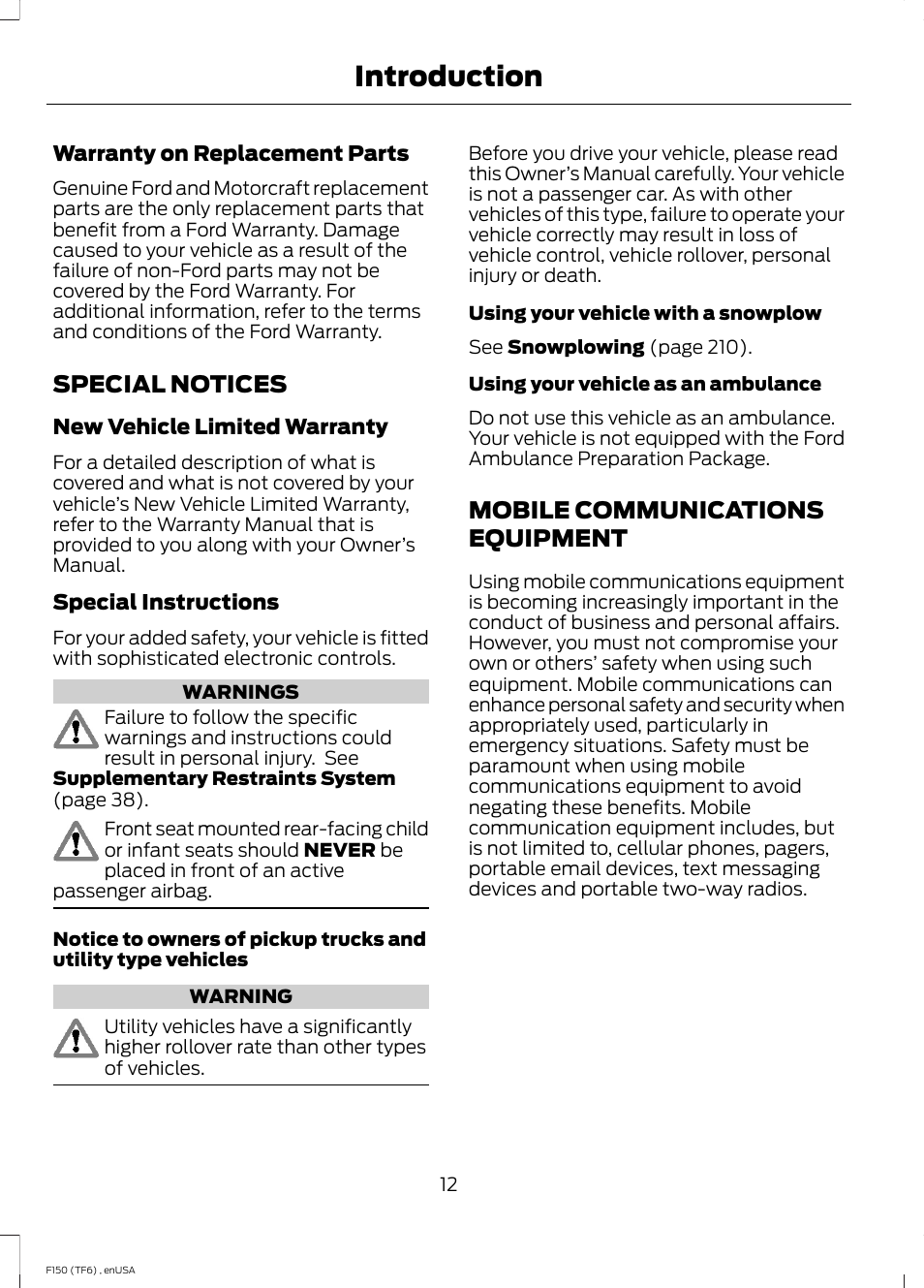 Special notices, Mobile communications equipment, Special notices mobile communications | Equipment, Introduction | FORD 2014 F-150 Raptor v.2 User Manual | Page 15 / 470