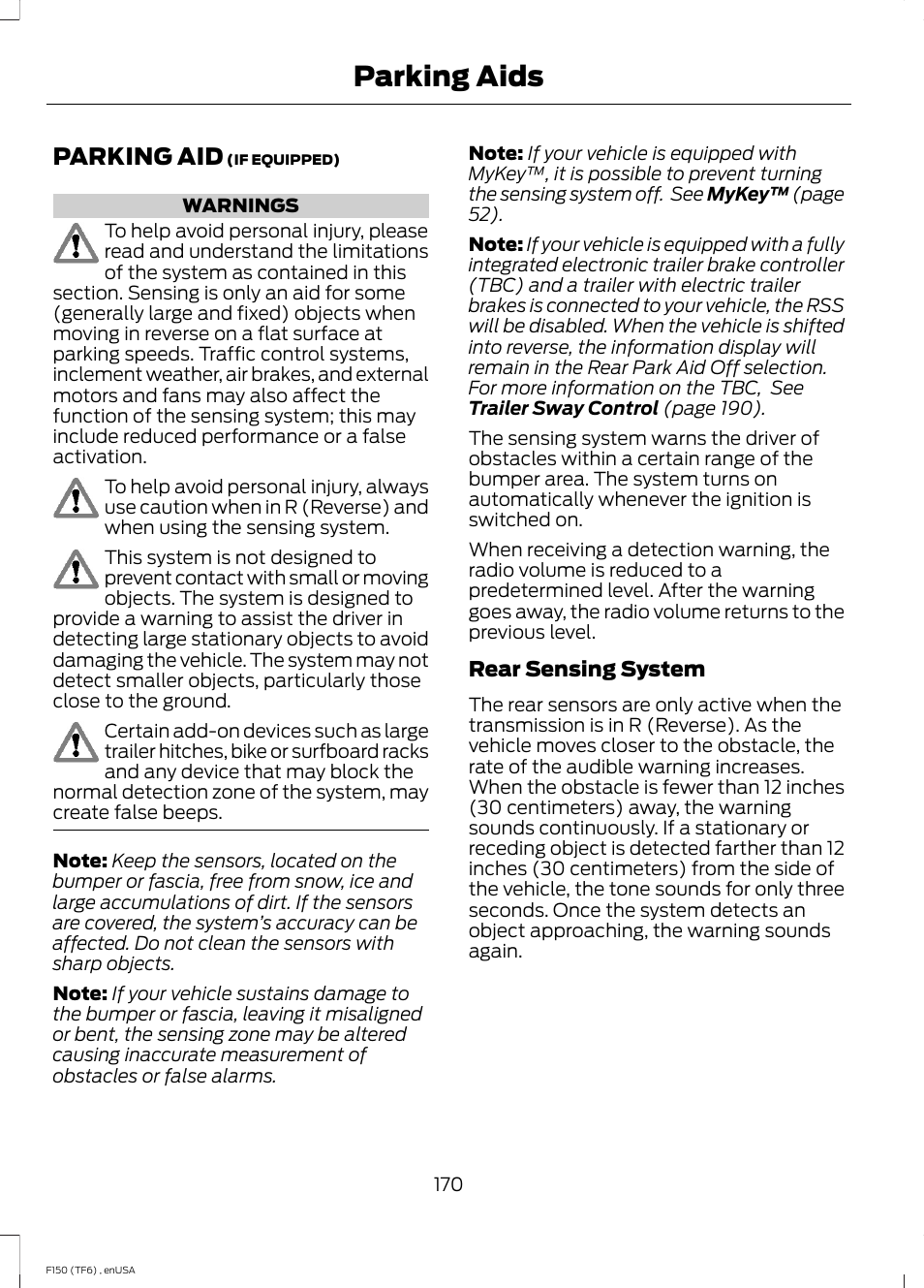 Parking aids, Parking aid | FORD 2014 F-150 Raptor v.2 User Manual | Page 173 / 470