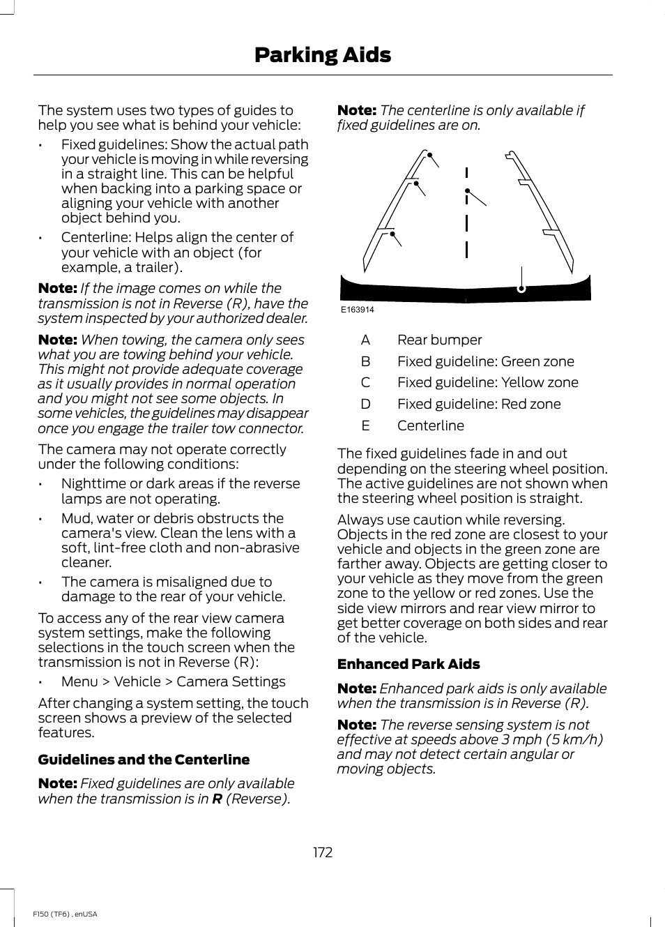 Parking aids, Ae d c b | FORD 2014 F-150 Raptor v.2 User Manual | Page 175 / 470