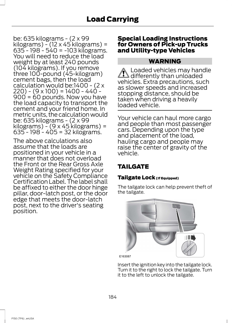 Tailgate, Load carrying | FORD 2014 F-150 Raptor v.2 User Manual | Page 187 / 470