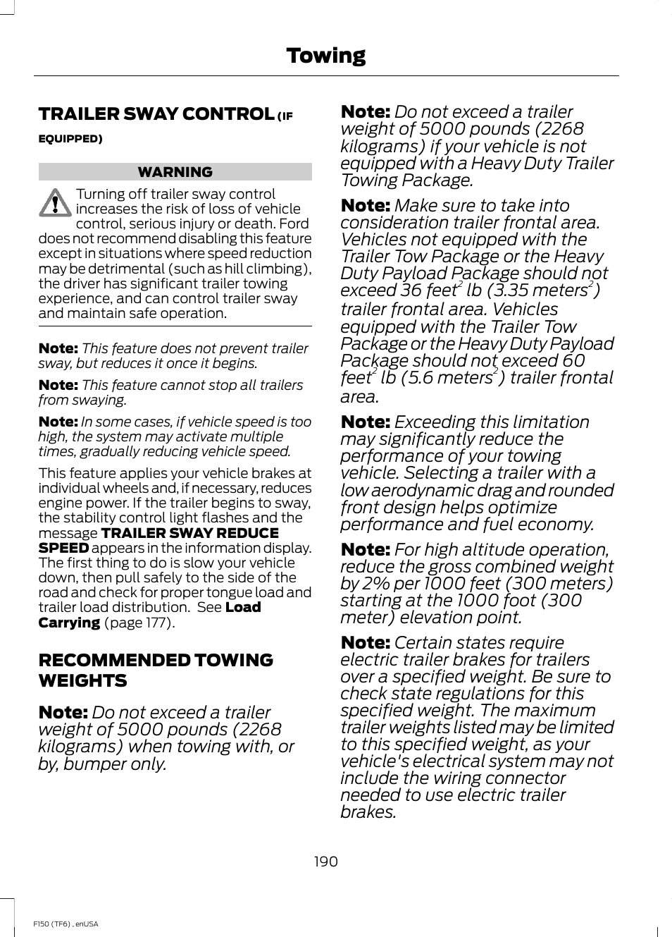 Trailer sway control, Recommended towing weights, Trailer sway control recommended towing weights | See trailer, Towing | FORD 2014 F-150 Raptor v.2 User Manual | Page 193 / 470