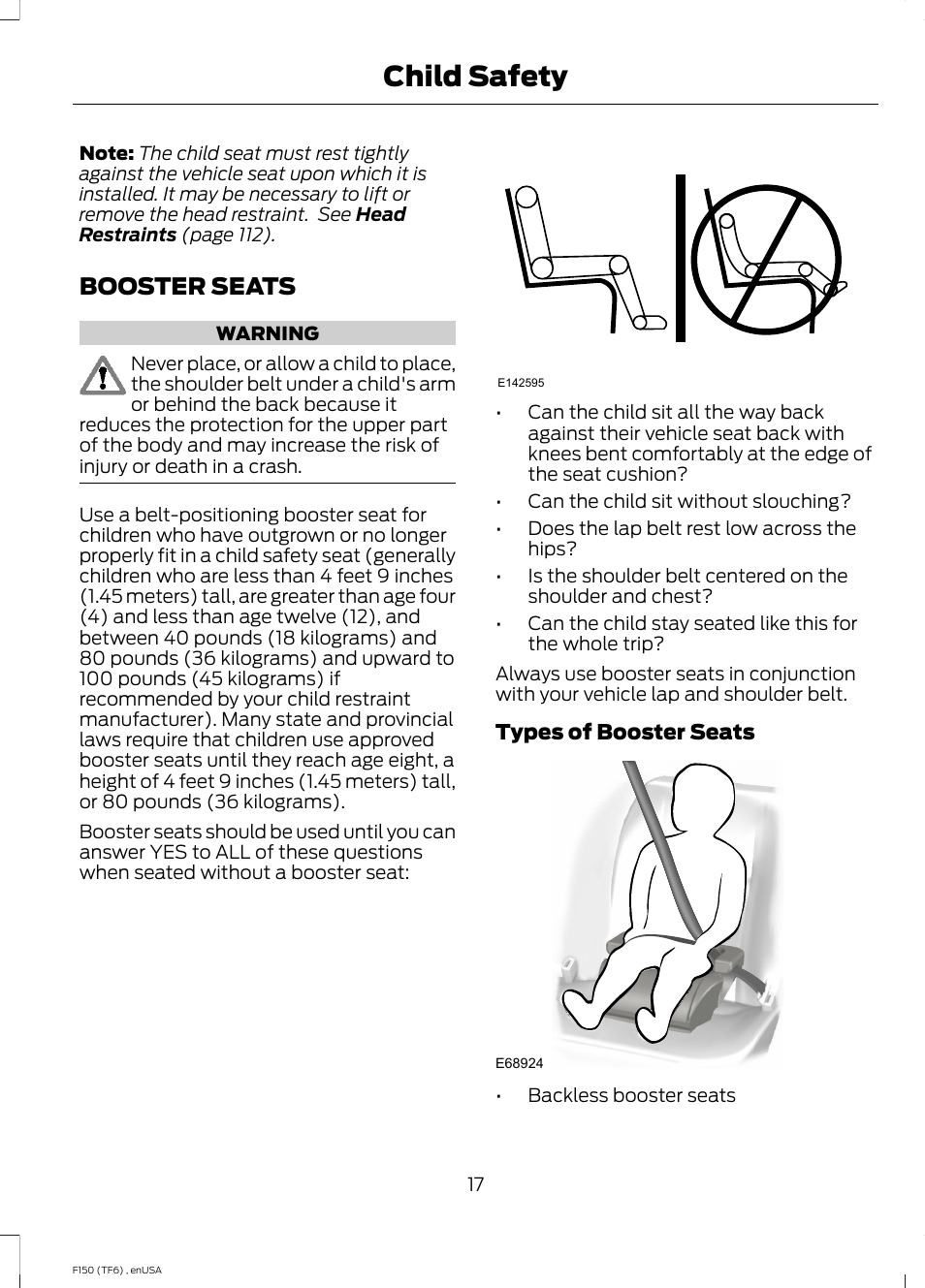 Booster seats, Child safety | FORD 2014 F-150 Raptor v.2 User Manual | Page 20 / 470