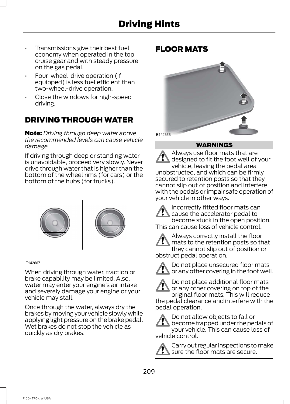 Driving through water, Floor mats, Driving through water floor mats | Driving hints | FORD 2014 F-150 Raptor v.2 User Manual | Page 212 / 470