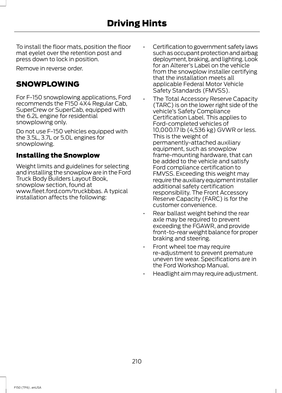 Snowplowing, Driving hints | FORD 2014 F-150 Raptor v.2 User Manual | Page 213 / 470