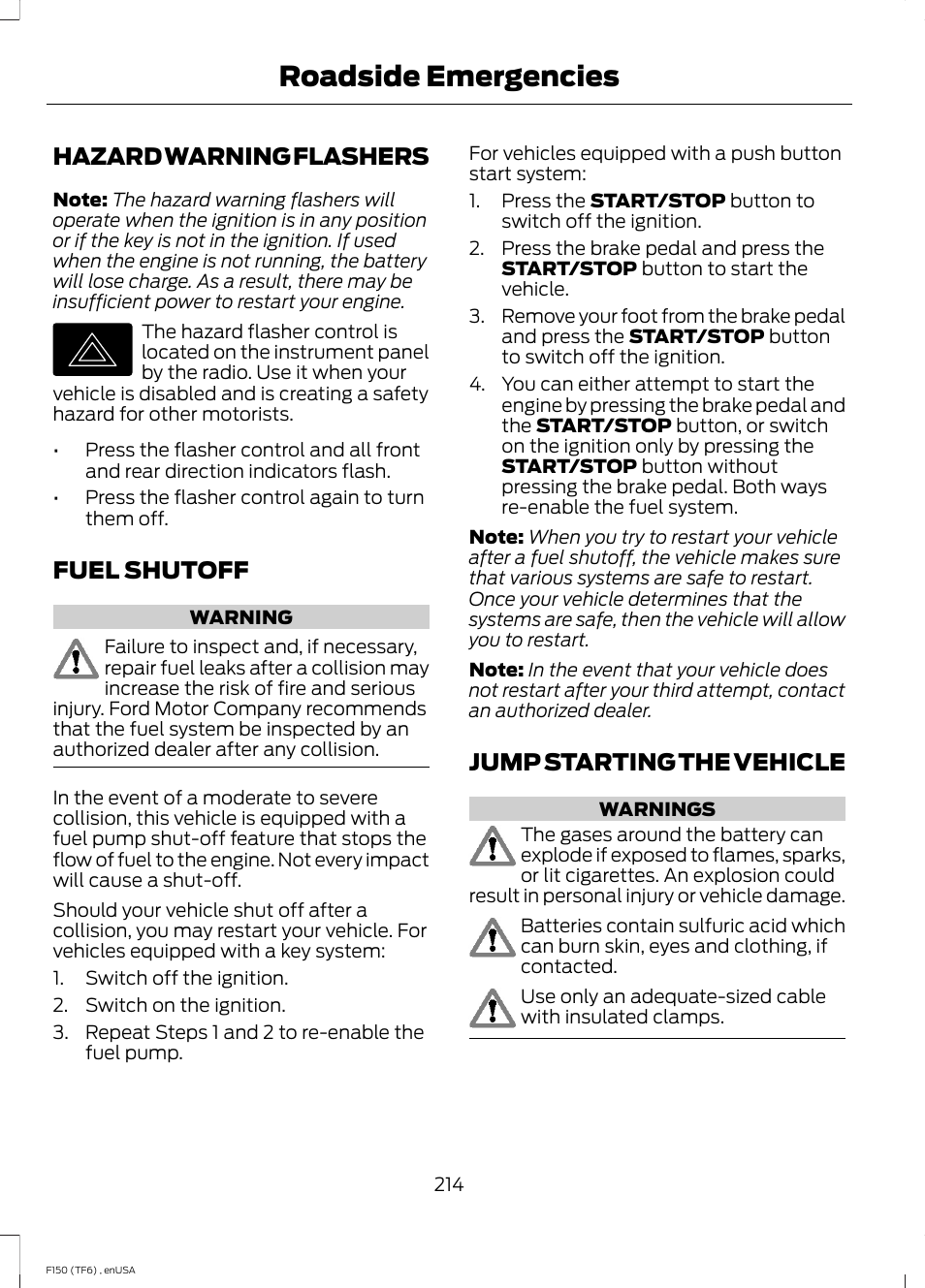 Hazard warning flashers, Fuel shutoff, Jump starting the vehicle | Roadside emergencies | FORD 2014 F-150 Raptor v.2 User Manual | Page 217 / 470