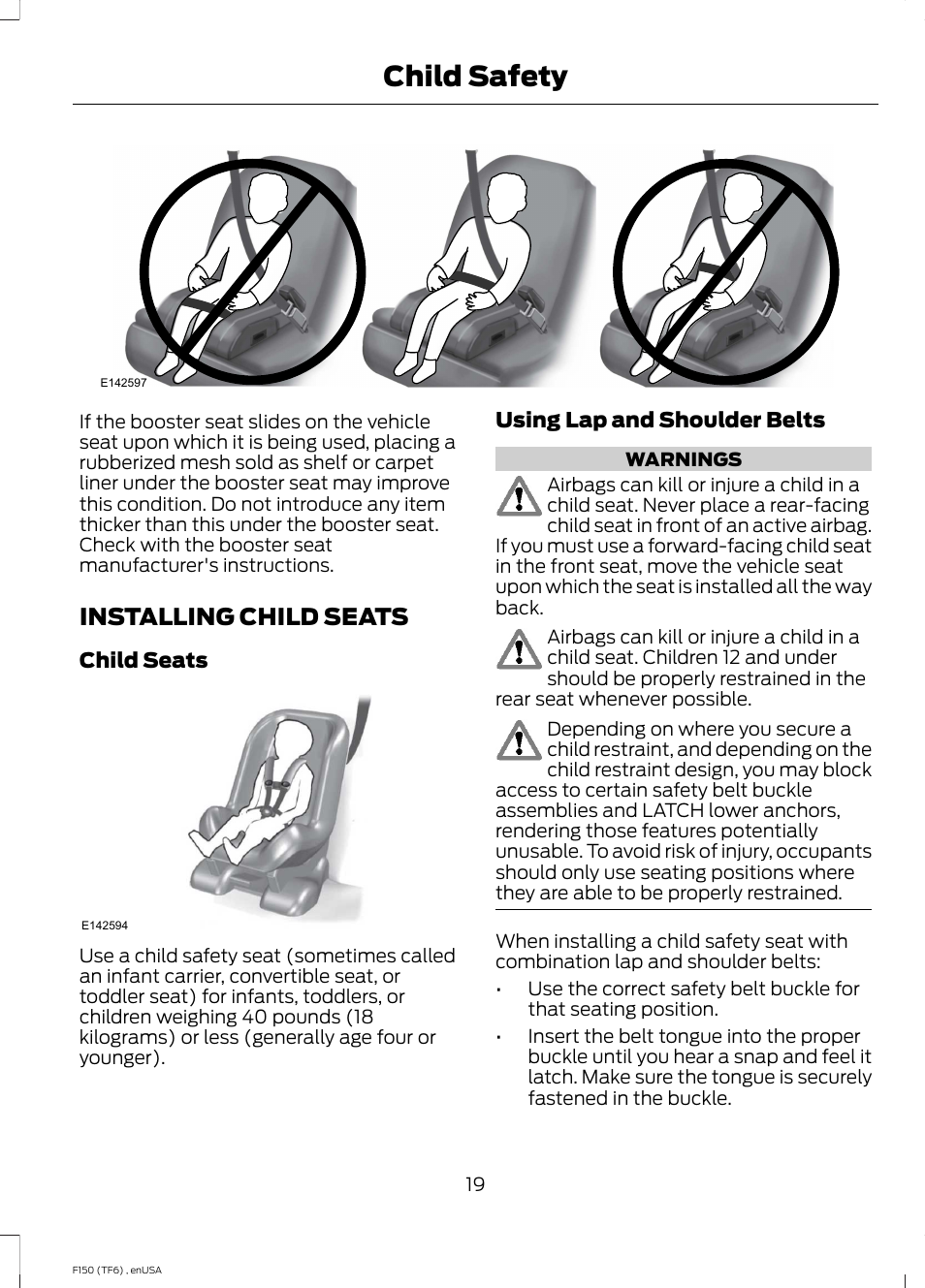 Installing child seats, Child safety | FORD 2014 F-150 Raptor v.2 User Manual | Page 22 / 470