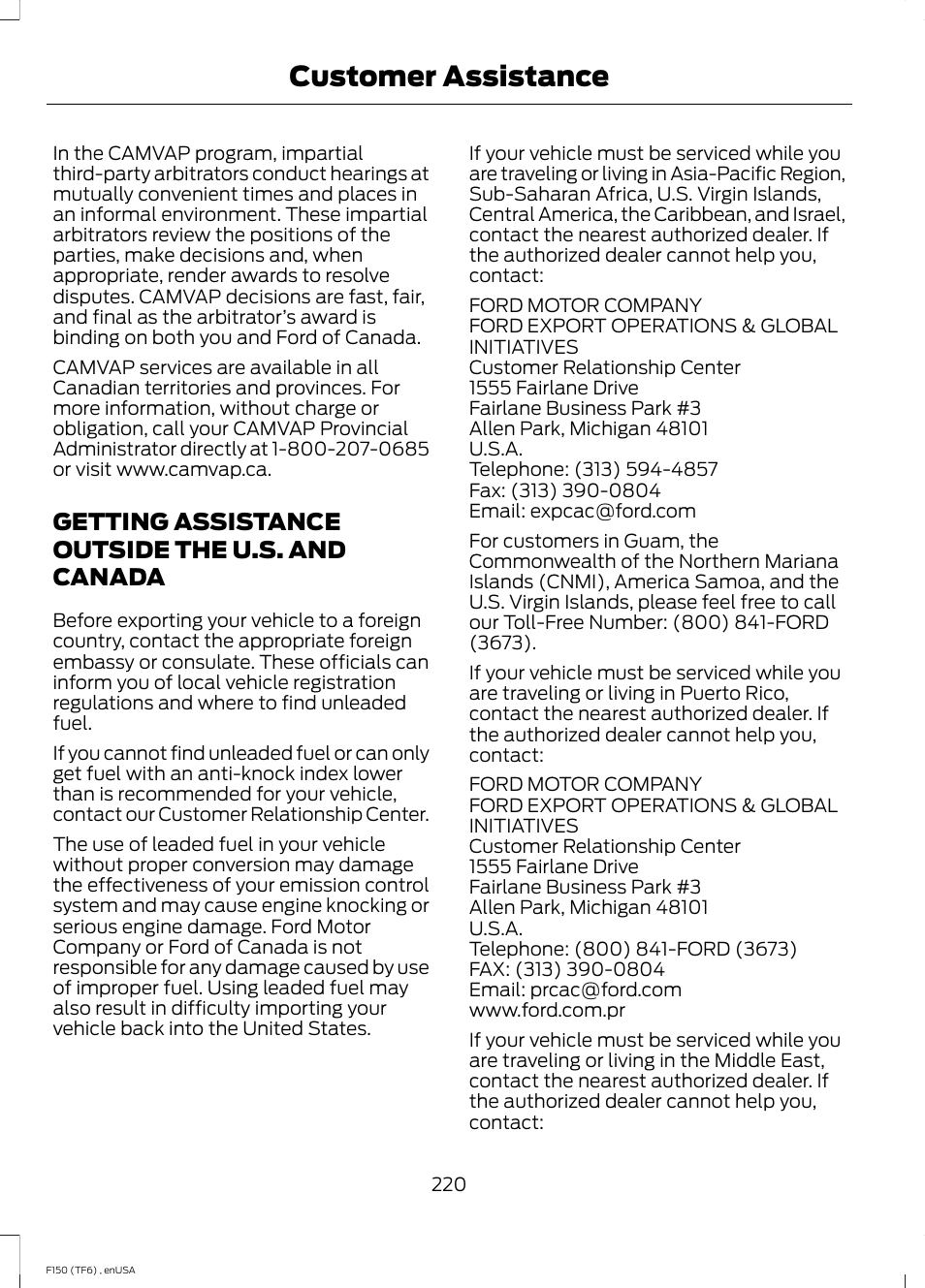 Getting assistance outside the u.s. and canada, Getting assistance outside the u.s. and, Canada | Customer assistance | FORD 2014 F-150 Raptor v.2 User Manual | Page 223 / 470