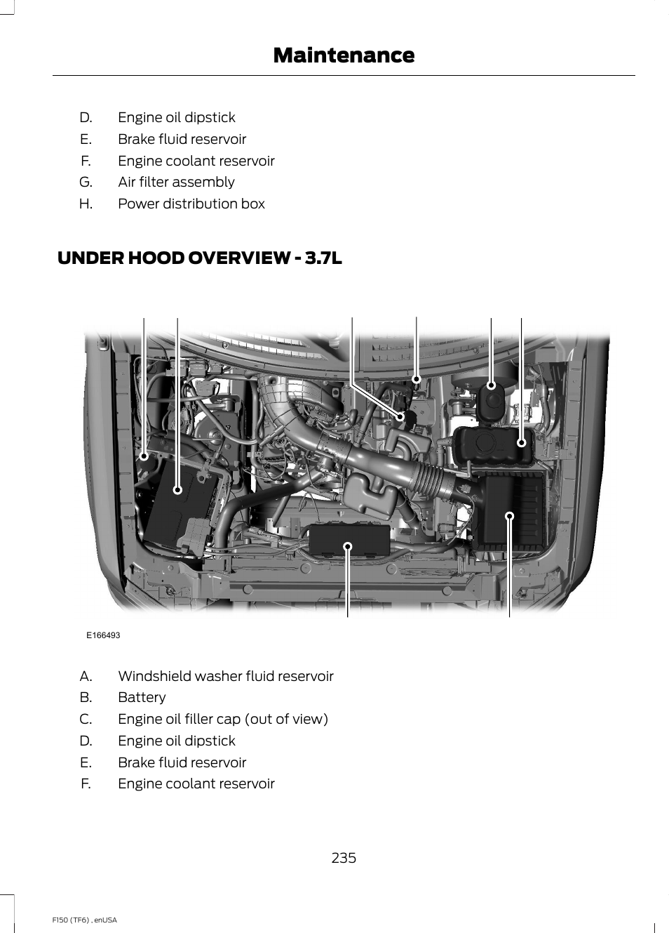 Under hood overview, Under hood overview - 3.7l, Maintenance | FORD 2014 F-150 Raptor v.2 User Manual | Page 238 / 470