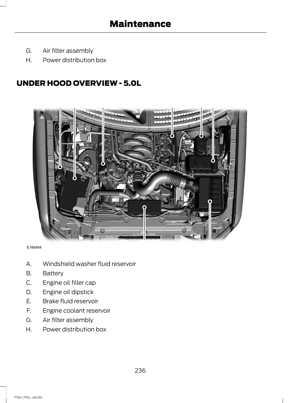 Under hood overview, Under hood overview - 5.0l, Maintenance | FORD 2014 F-150 Raptor v.2 User Manual | Page 239 / 470