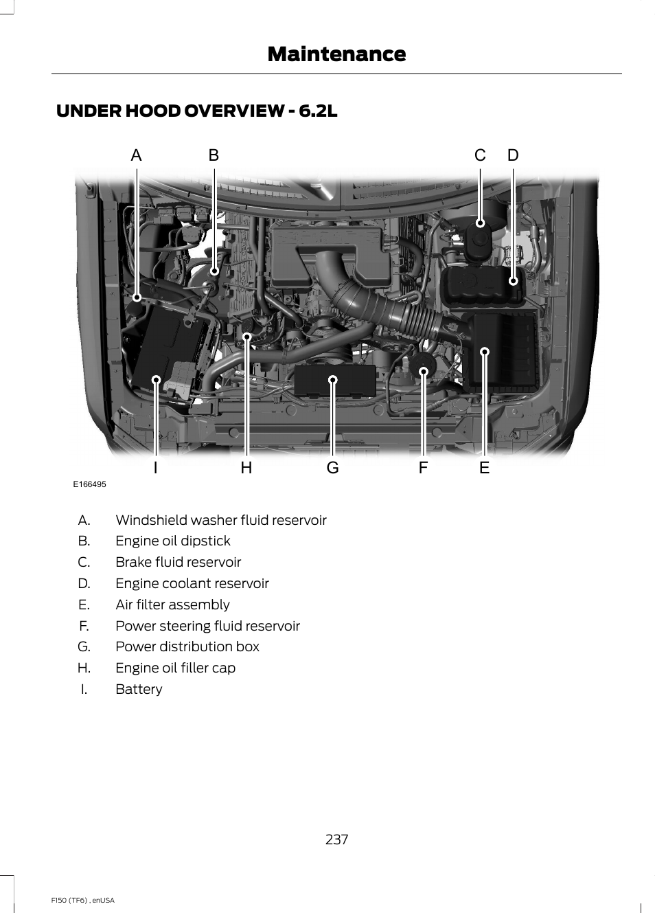 Under hood overview, Under hood overview - 6.2l, Maintenance | FORD 2014 F-150 Raptor v.2 User Manual | Page 240 / 470