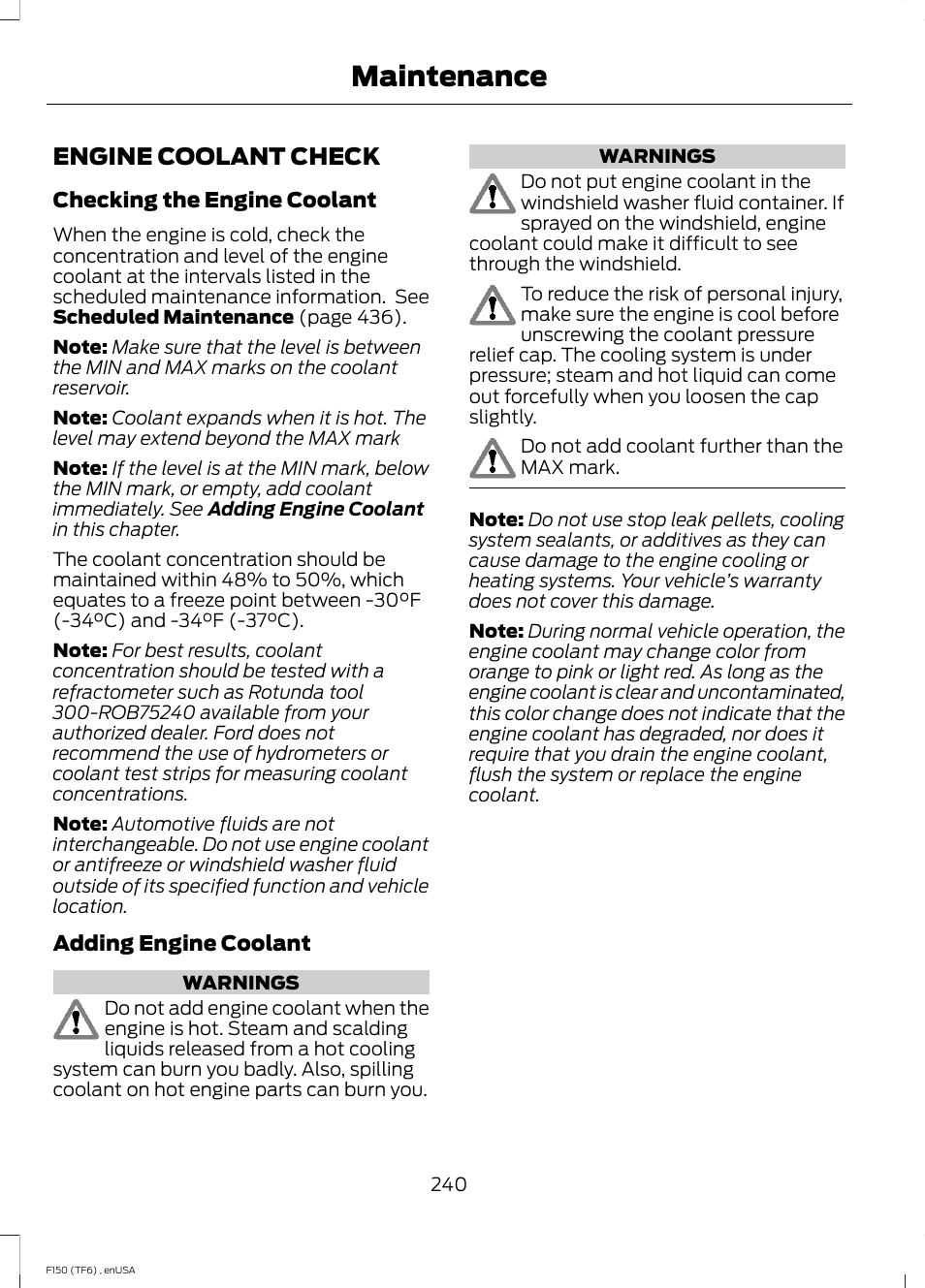 Engine coolant check, Maintenance | FORD 2014 F-150 Raptor v.2 User Manual | Page 243 / 470