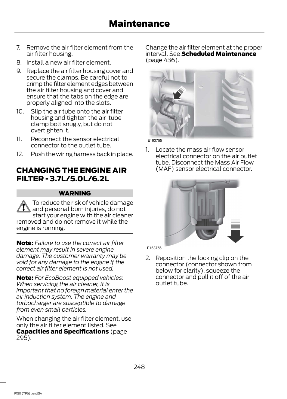 Changing the engine air filter, Changing the engine air filter - 3.7l, 0l/6.2l | Maintenance | FORD 2014 F-150 Raptor v.2 User Manual | Page 251 / 470