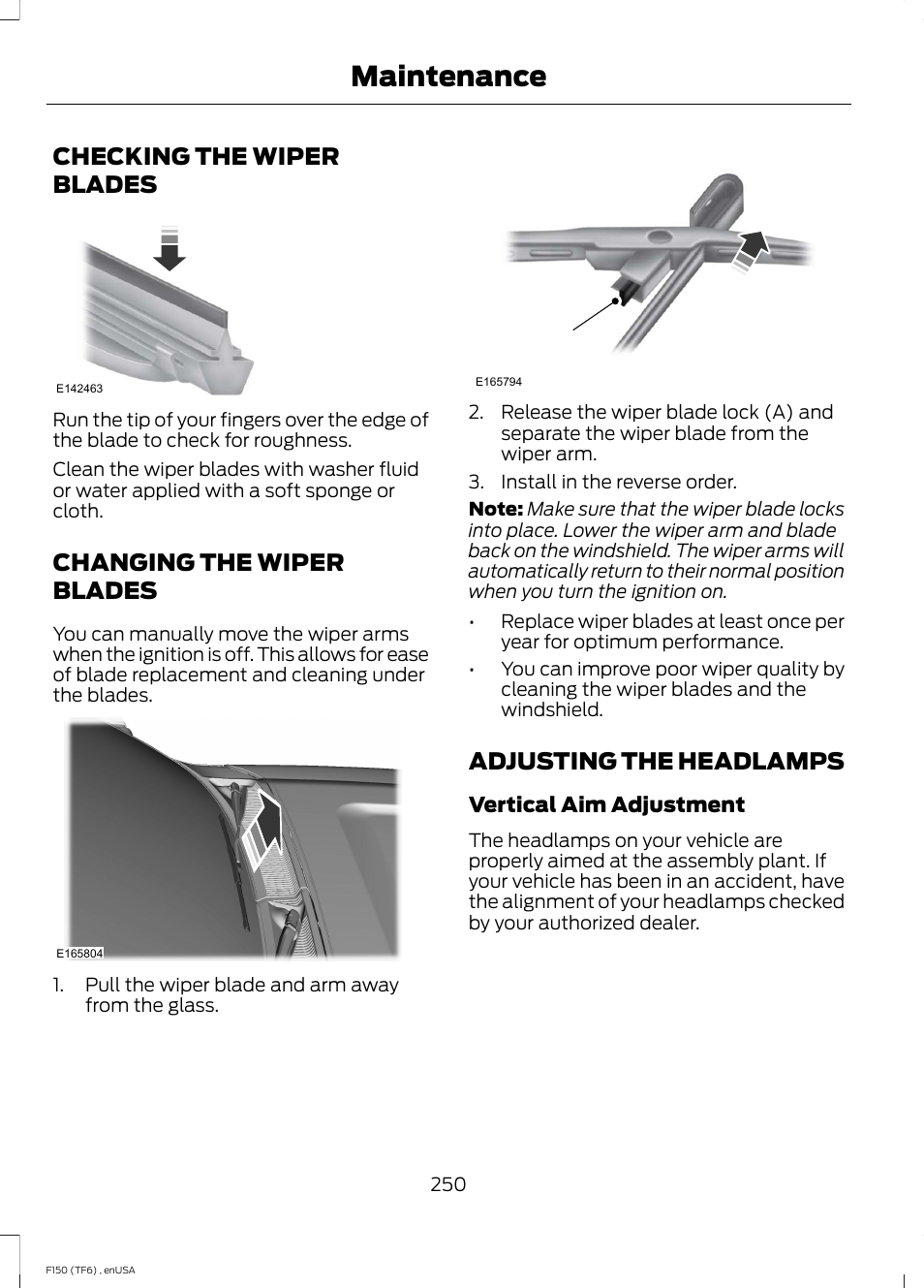 Checking the wiper blades, Changing the wiper blades, Adjusting the headlamps | Maintenance | FORD 2014 F-150 Raptor v.2 User Manual | Page 253 / 470