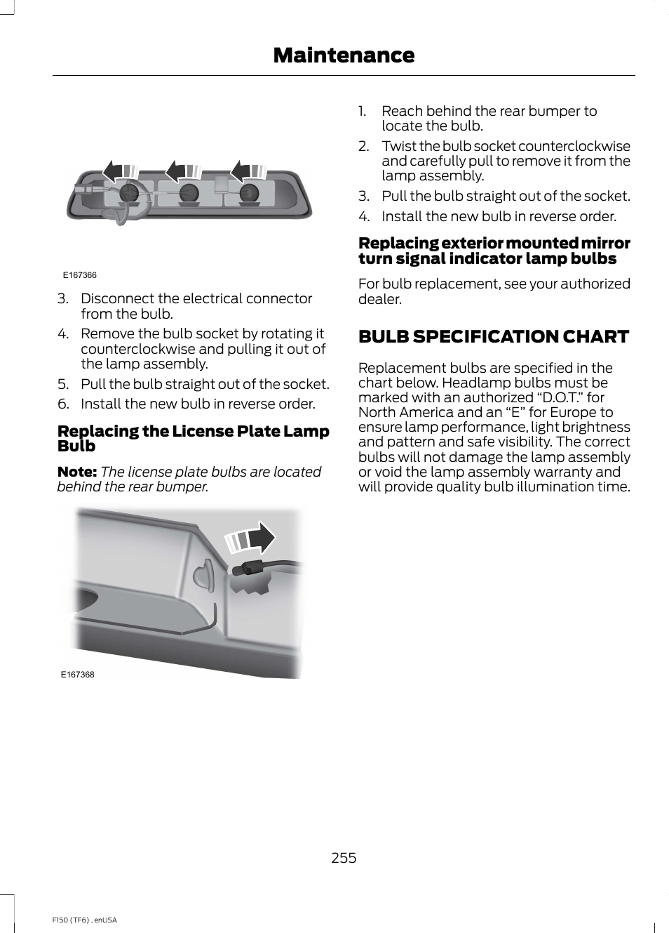 Bulb specification chart, Maintenance | FORD 2014 F-150 Raptor v.2 User Manual | Page 258 / 470