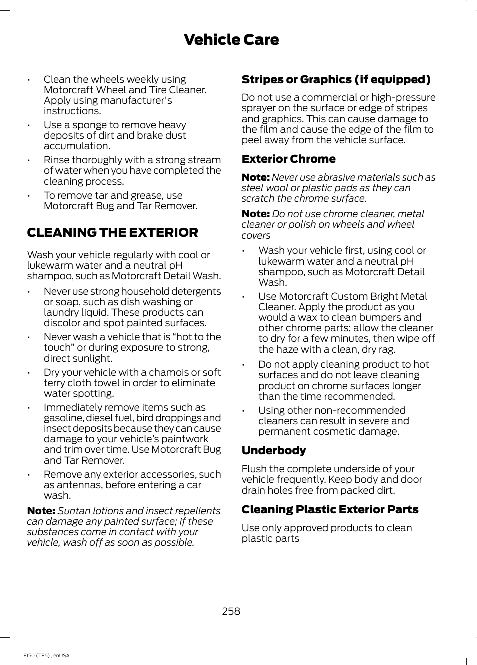 Cleaning the exterior, Vehicle care | FORD 2014 F-150 Raptor v.2 User Manual | Page 261 / 470