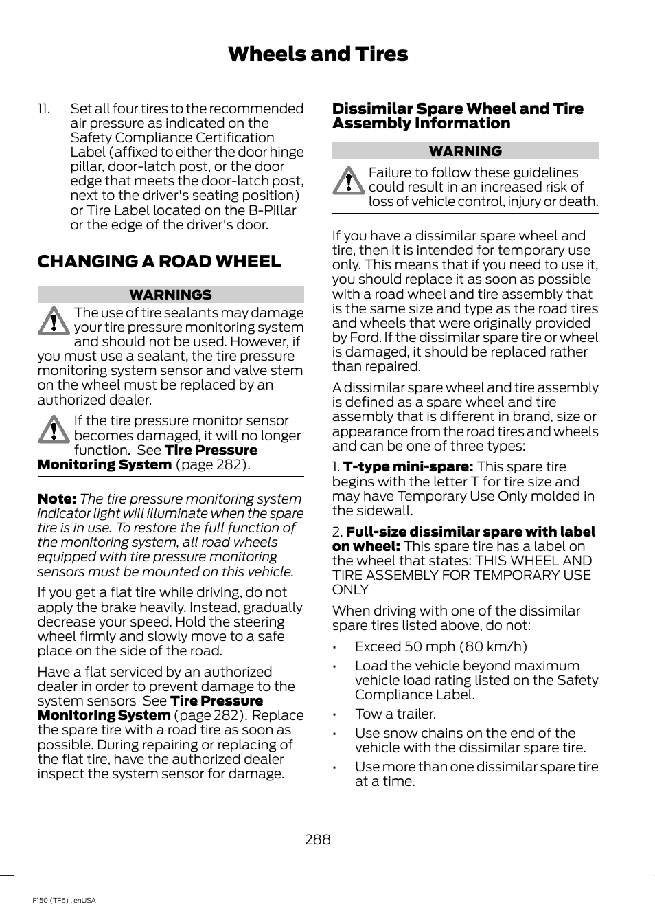 Changing a road wheel, Wheels and tires | FORD 2014 F-150 Raptor v.2 User Manual | Page 291 / 470