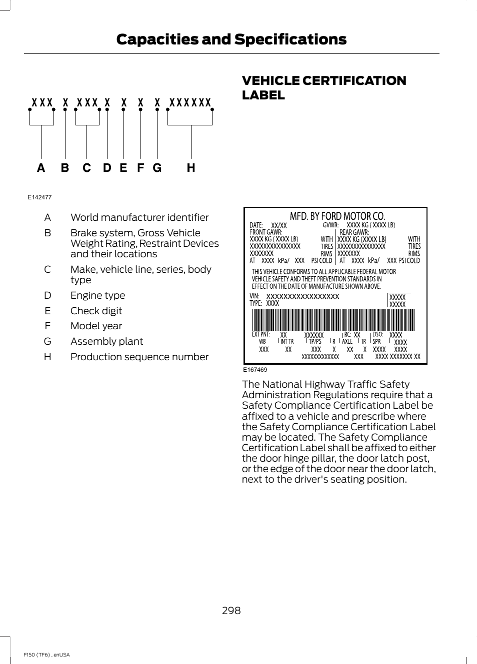 Vehicle certification label, Capacities and specifications | FORD 2014 F-150 Raptor v.2 User Manual | Page 301 / 470