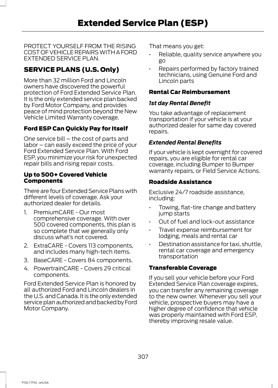 Extended service plan (esp), Extended service plan, Esp) | FORD 2014 F-150 Raptor v.2 User Manual | Page 310 / 470