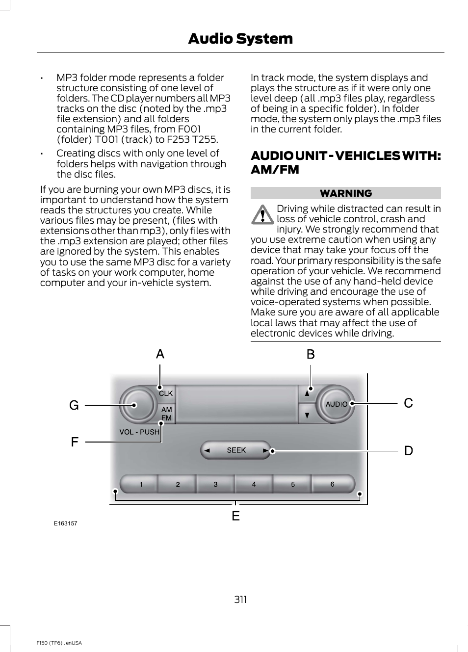 Audio unit, Audio unit - vehicles with: am/fm, Audio system | FORD 2014 F-150 Raptor v.2 User Manual | Page 314 / 470