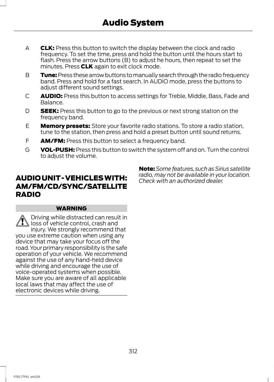 Audio unit, Audio unit - vehicles with: am/fm/cd, Sync/satellite radio | Audio system | FORD 2014 F-150 Raptor v.2 User Manual | Page 315 / 470