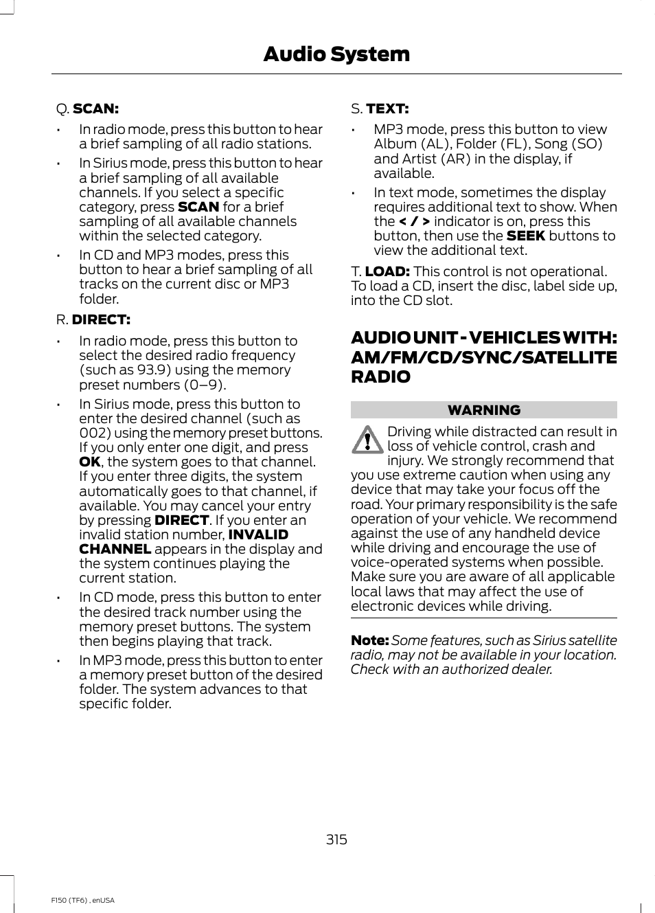 Audio unit, Audio unit - vehicles with: am/fm/cd, Sync/satellite radio | Audio system | FORD 2014 F-150 Raptor v.2 User Manual | Page 318 / 470