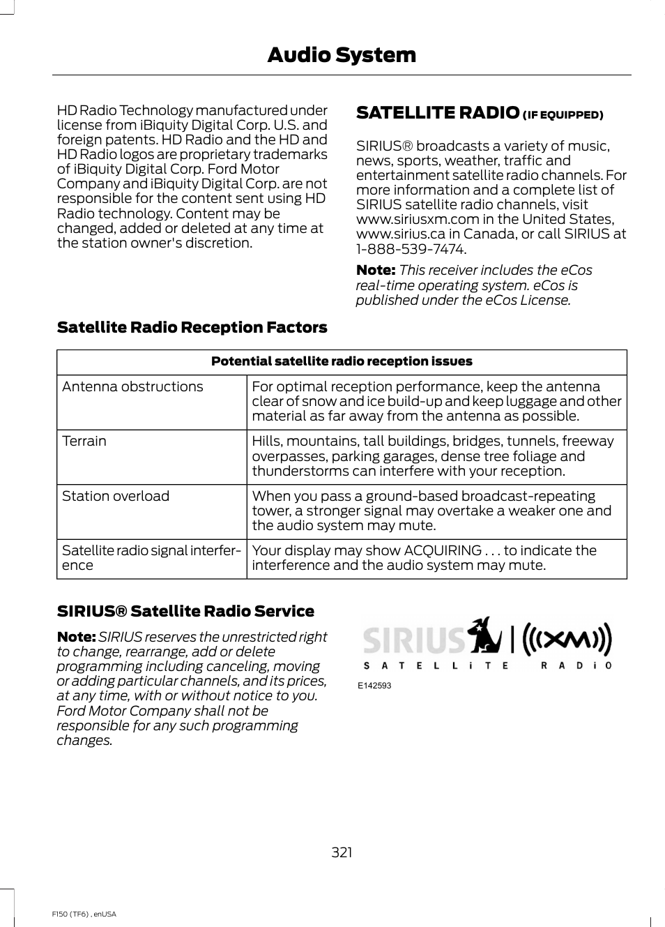 Satellite radio, Audio system | FORD 2014 F-150 Raptor v.2 User Manual | Page 324 / 470