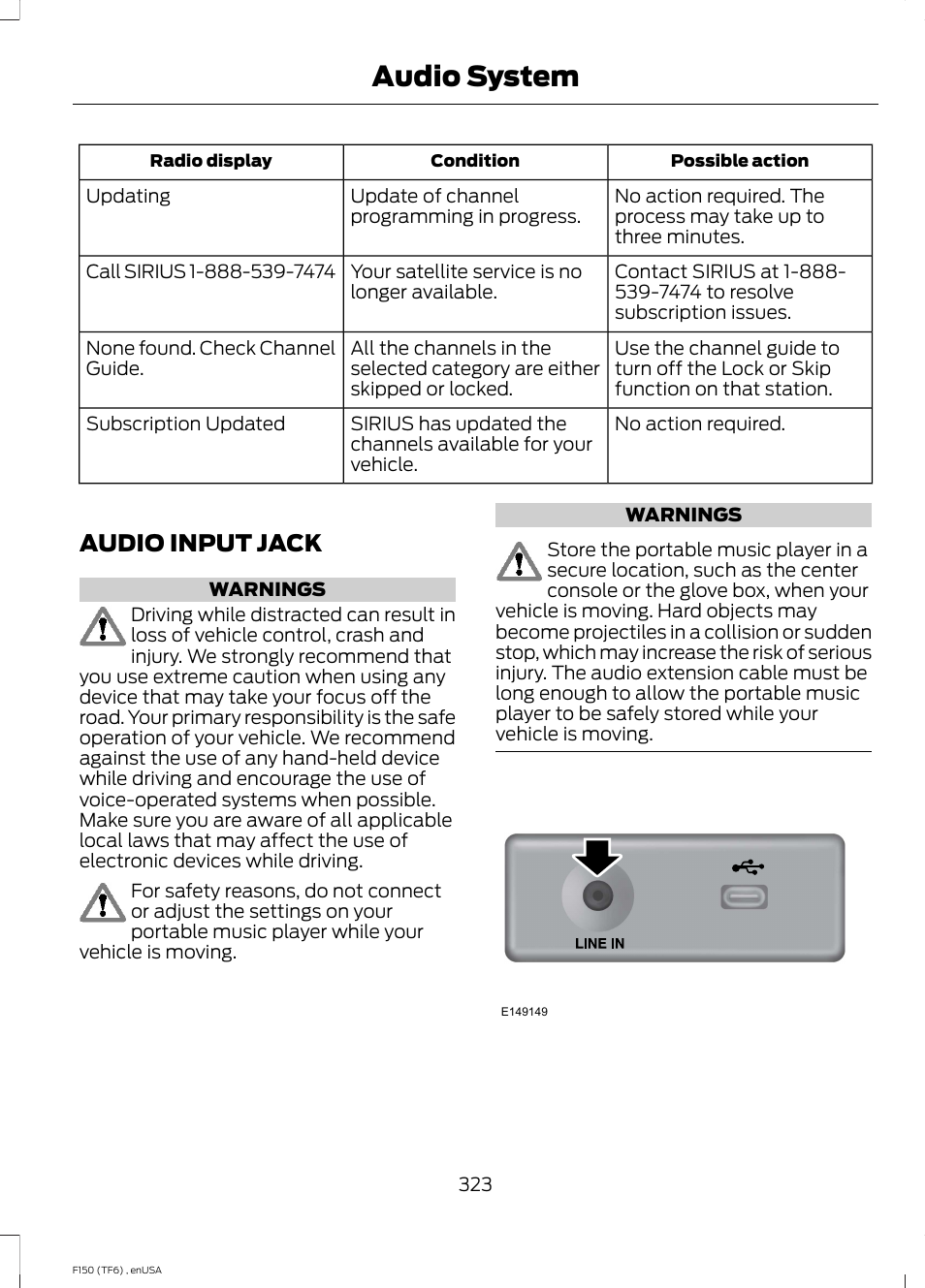 Audio input jack, Audio system | FORD 2014 F-150 Raptor v.2 User Manual | Page 326 / 470