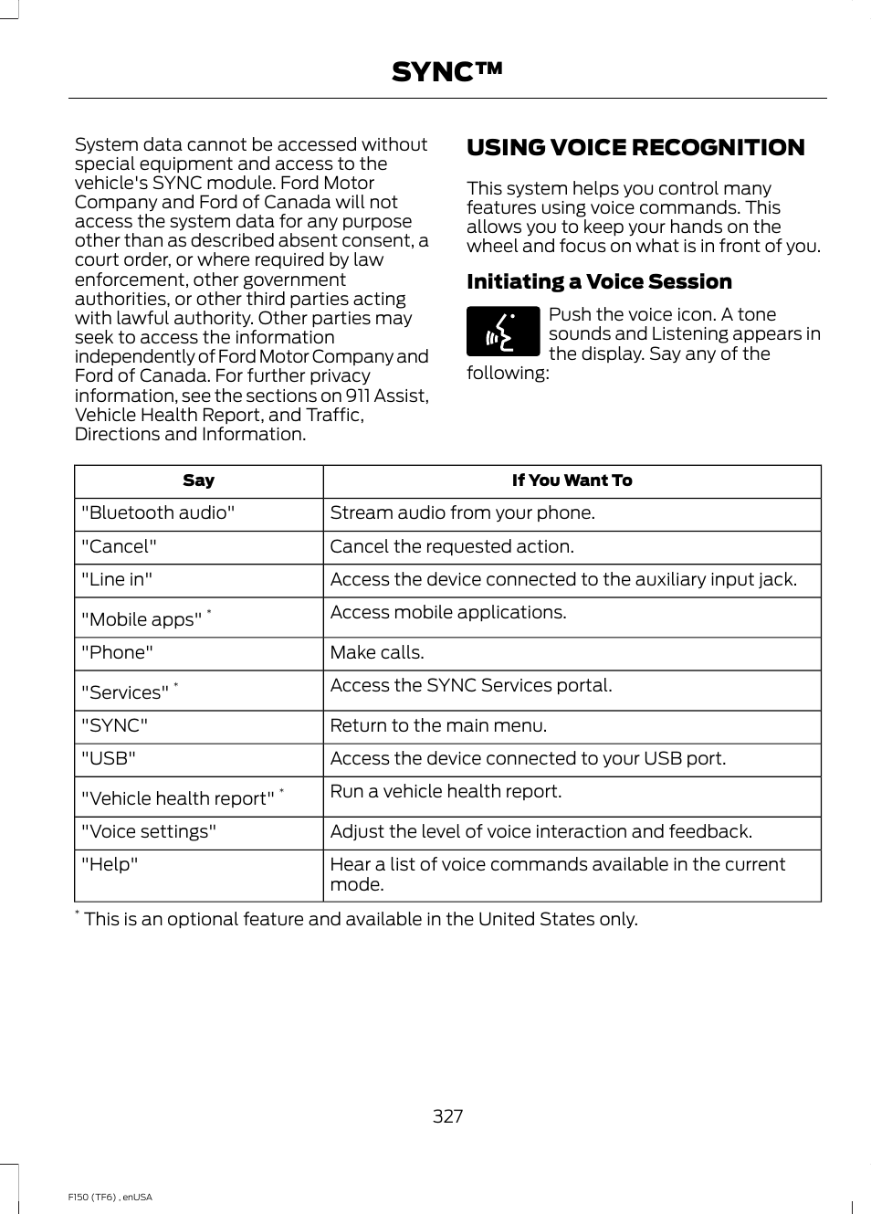 Using voice recognition, Sync | FORD 2014 F-150 Raptor v.2 User Manual | Page 330 / 470