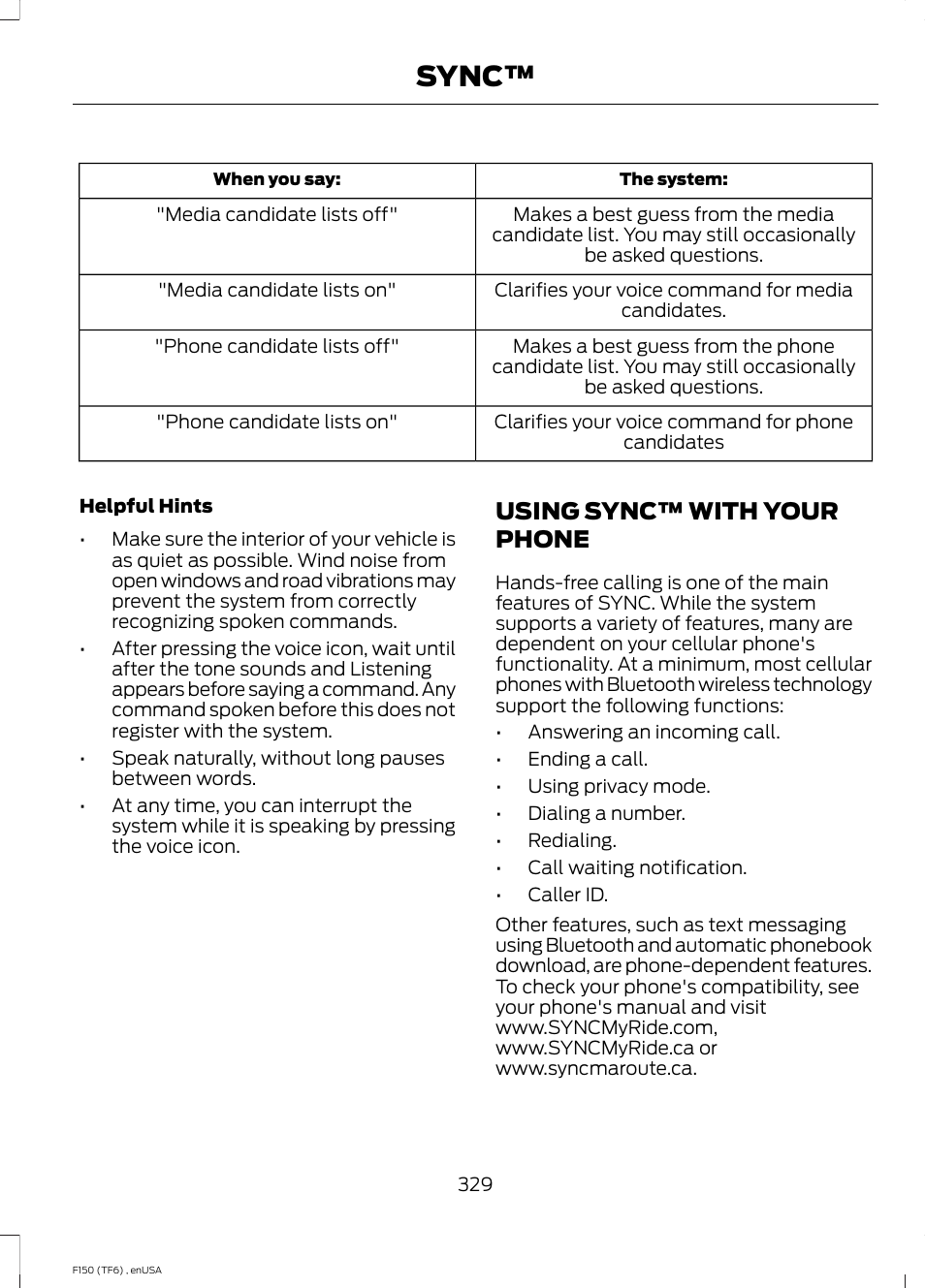 Using sync™ with your phone, Sync | FORD 2014 F-150 Raptor v.2 User Manual | Page 332 / 470